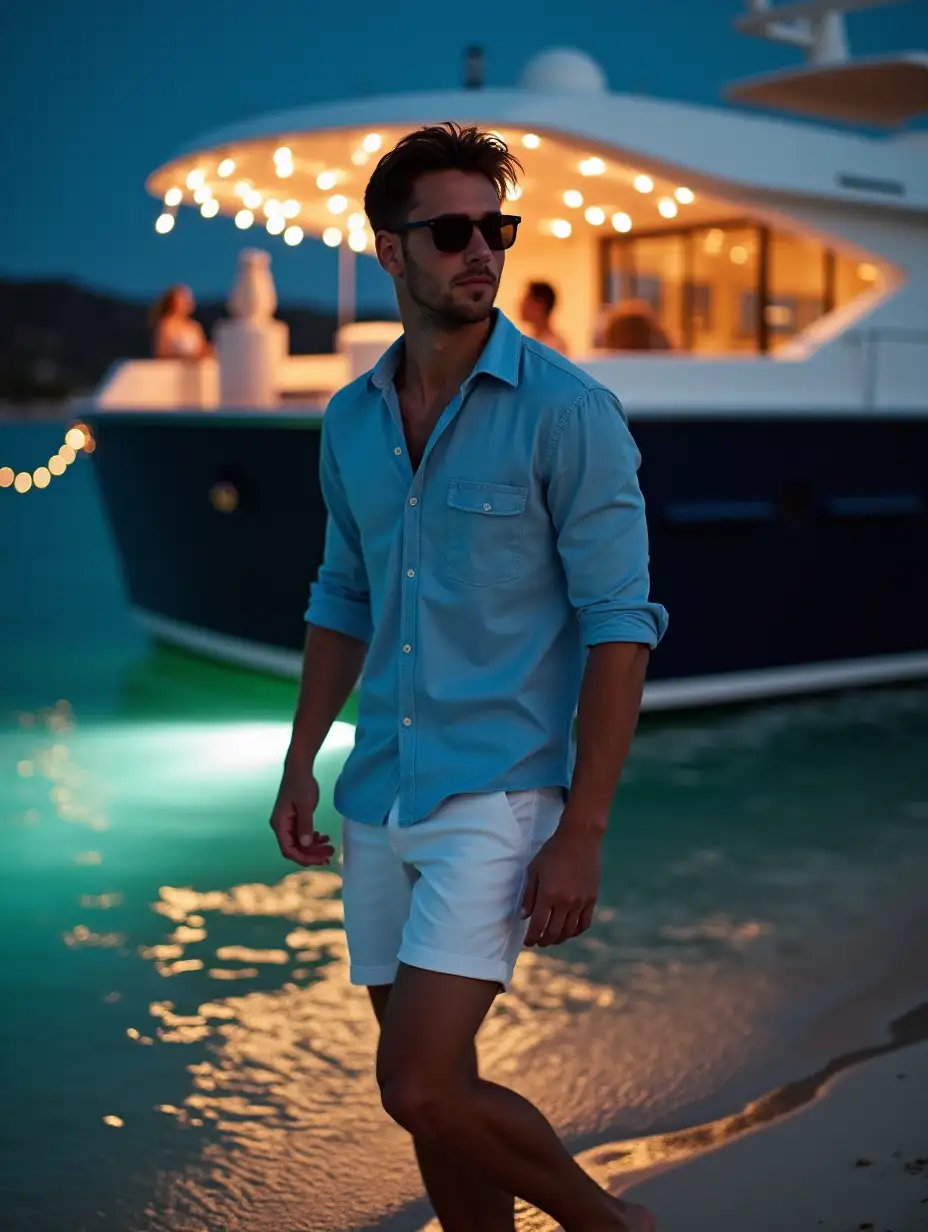 Young-Man-Stepping-onto-Beach-from-Luxurious-Yacht-at-Night