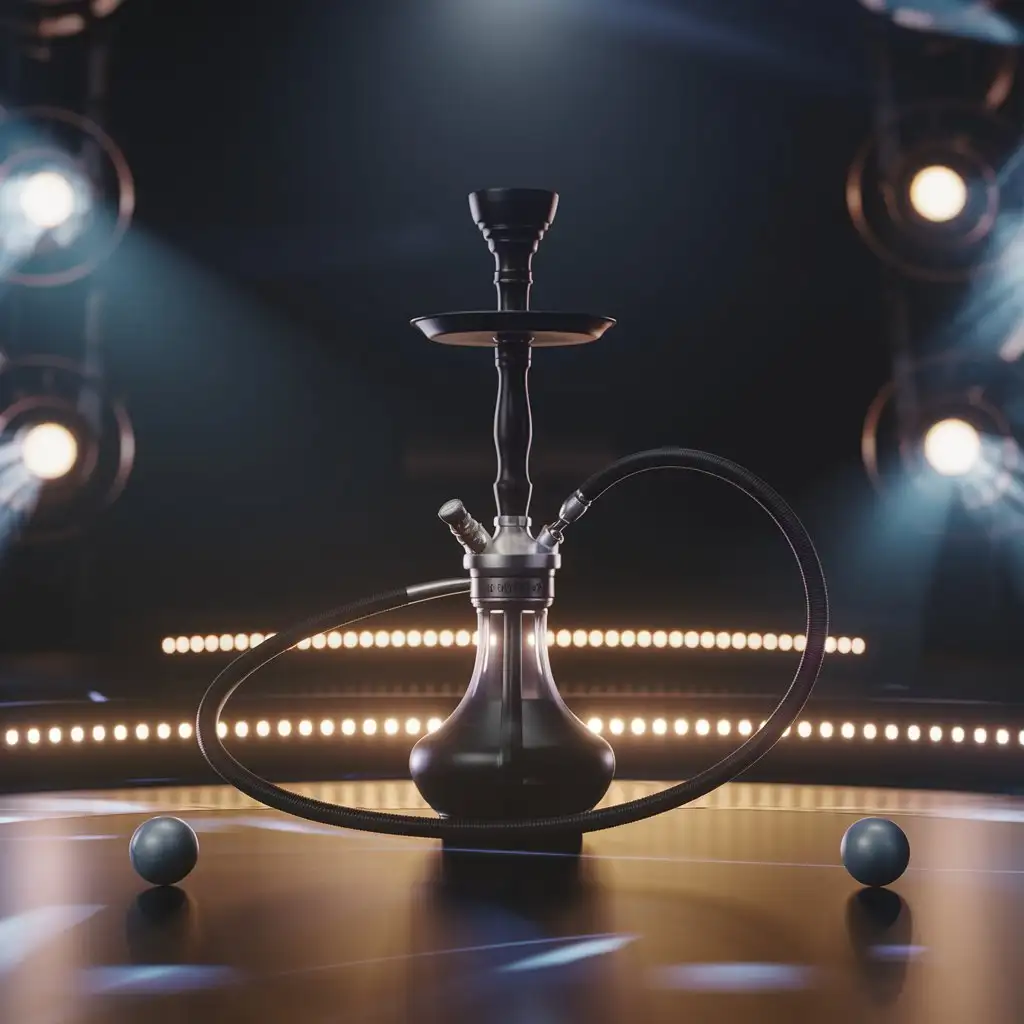 a hookah called 'černyj kal'yan stands on a table with two balls on a bright background with 3d special effects