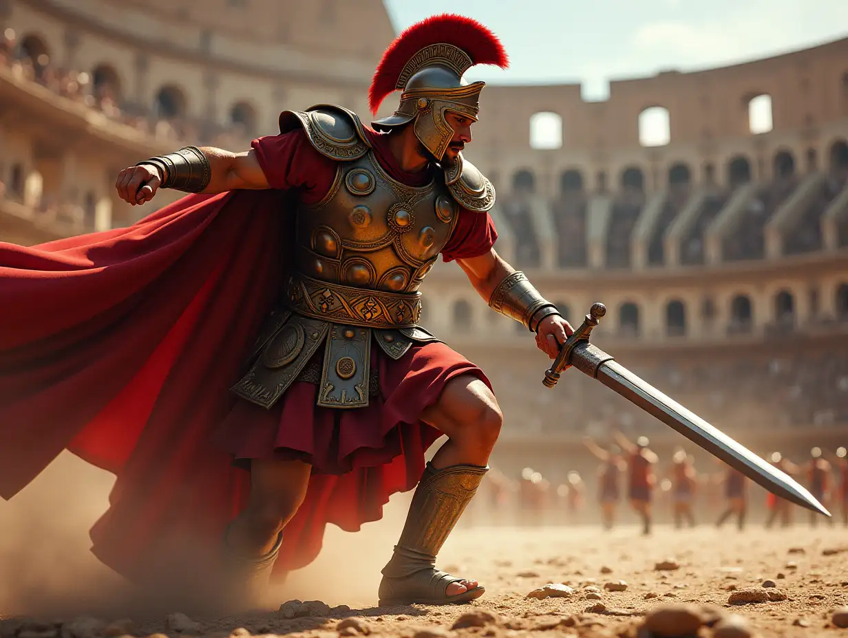 Creating a digital painting of a powerful, robust Roman fighter battling in the Colosseum (Amphitheatrum Flavium) with a sword in hand the ground kicks up with intricate armor lacquer  and photorealistic love for detail of parts and lighting.