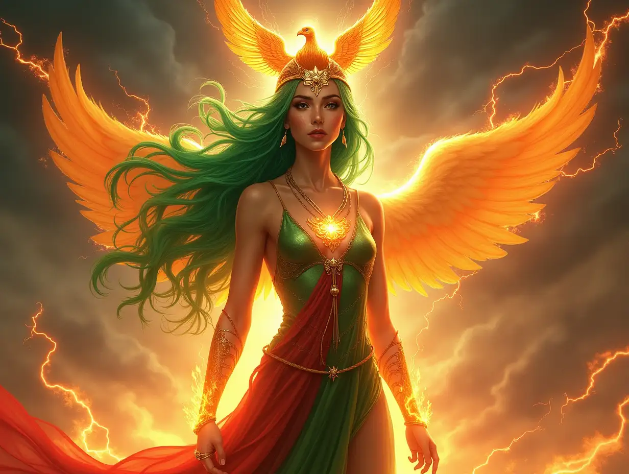 the god of Lightning wears a phoenix crown on her head, has green hair, and has an elegant appearance; she wears green or red clothes, and her body is full of fire.