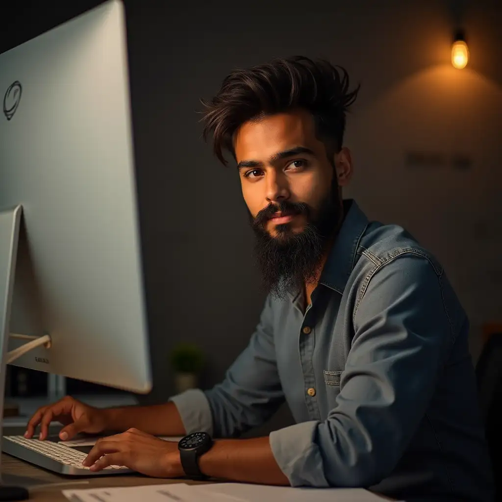 Create an image of a 28 years old bangladeshi boy with a little long beard looking in his desktop in cosy home office looking at the camera