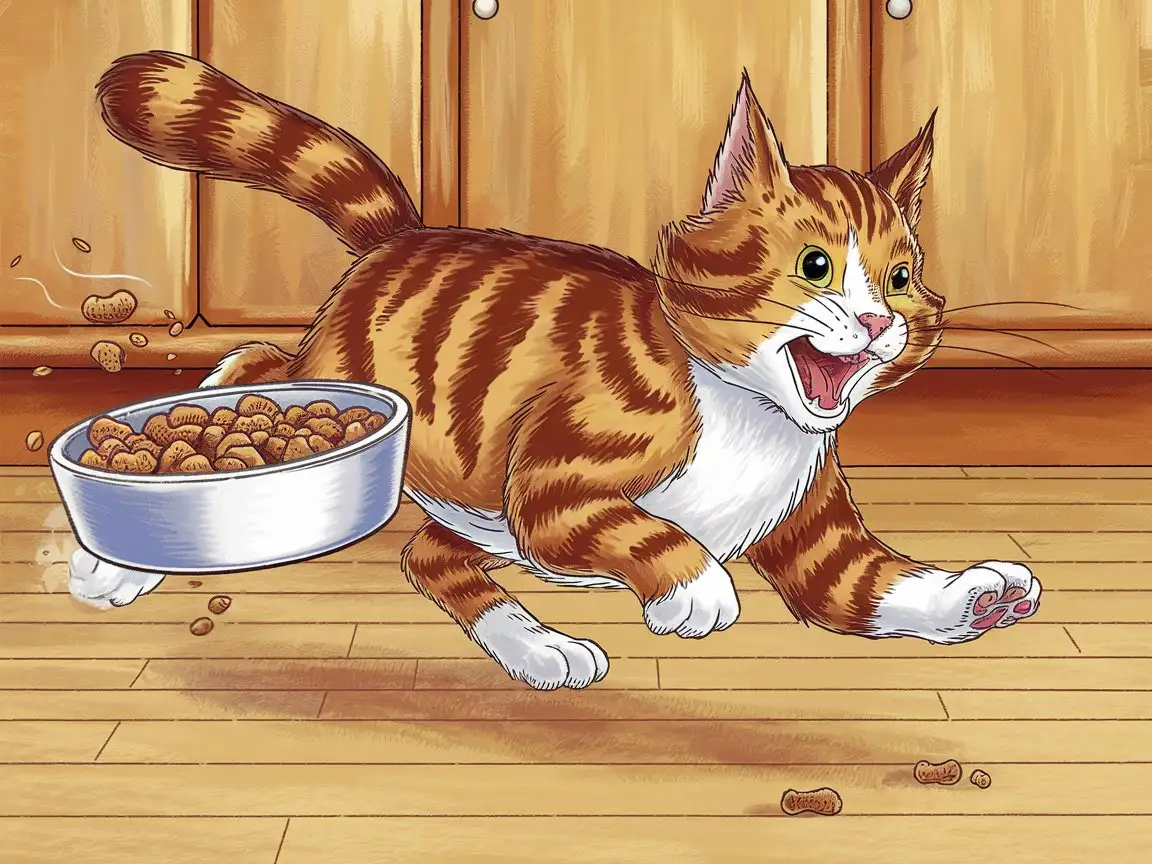 Playful-Cat-Chasing-Bowl-with-Food-Cover-Drawn-Game-Illustration