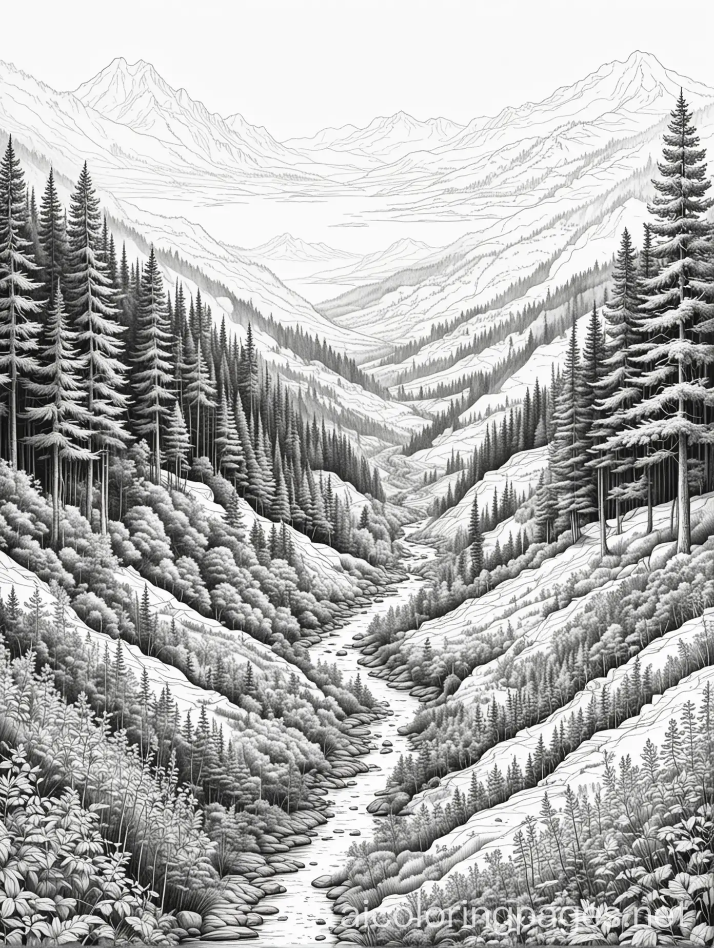 a beautiful valley, with a forest in the background, Coloring Page, black and white, line art, white background, Simplicity, Ample White Space