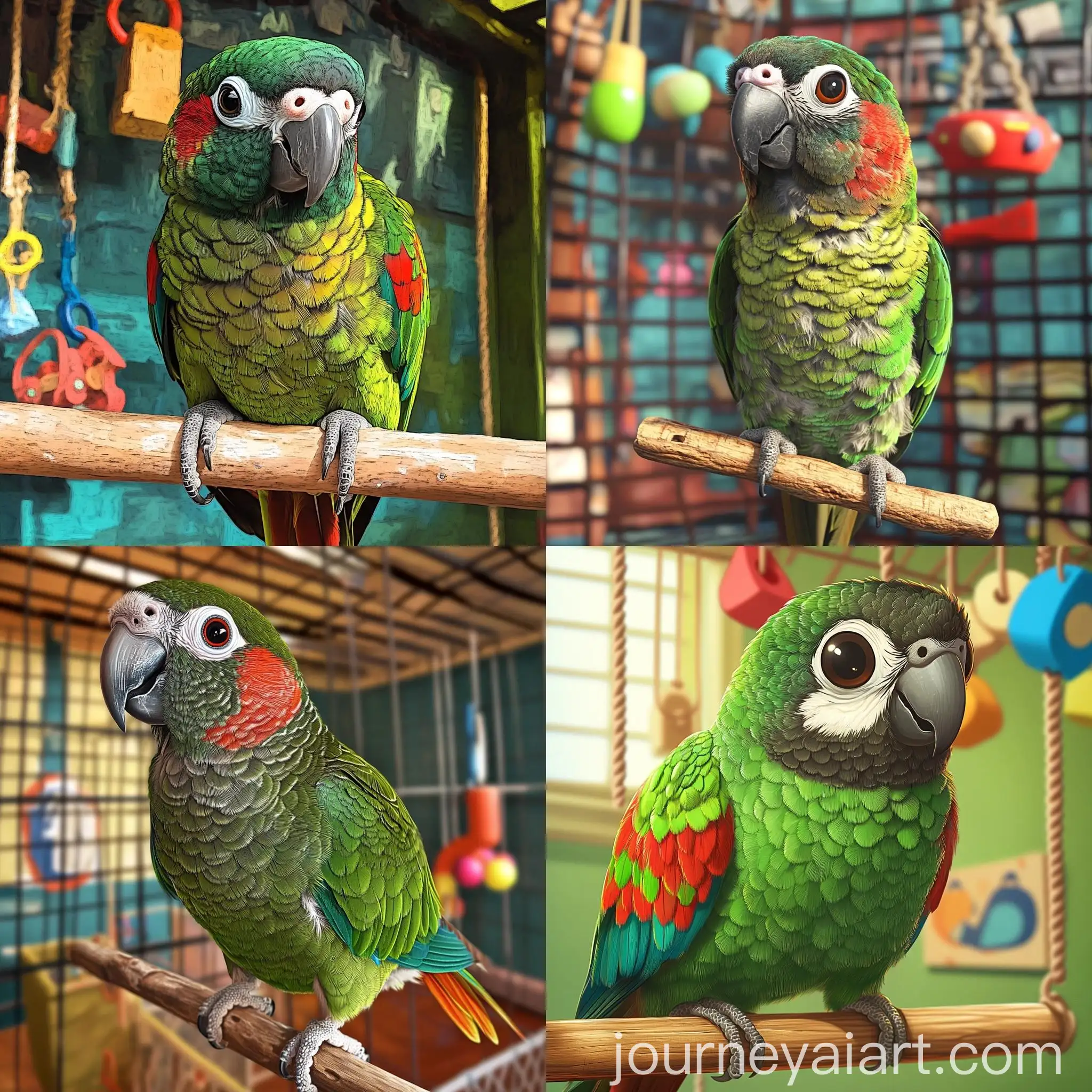 Vibrant-Green-Cheek-Conure-Parrot-Perched-in-Colorful-Birdcage