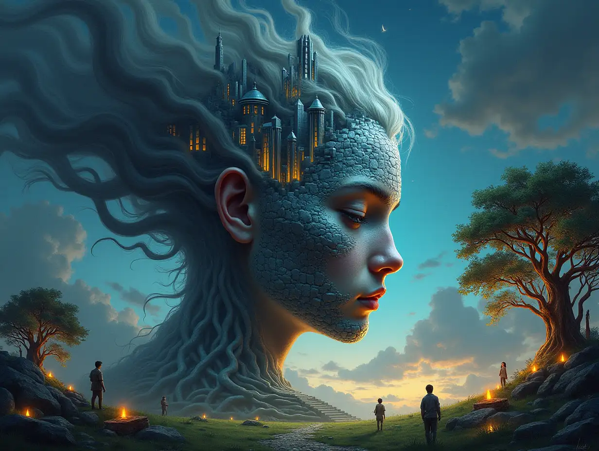 Creating a digital painting of a face with hair transforming into a building with silver stones and illuminated trees with roots and lanterns and alien creatures on a meadow