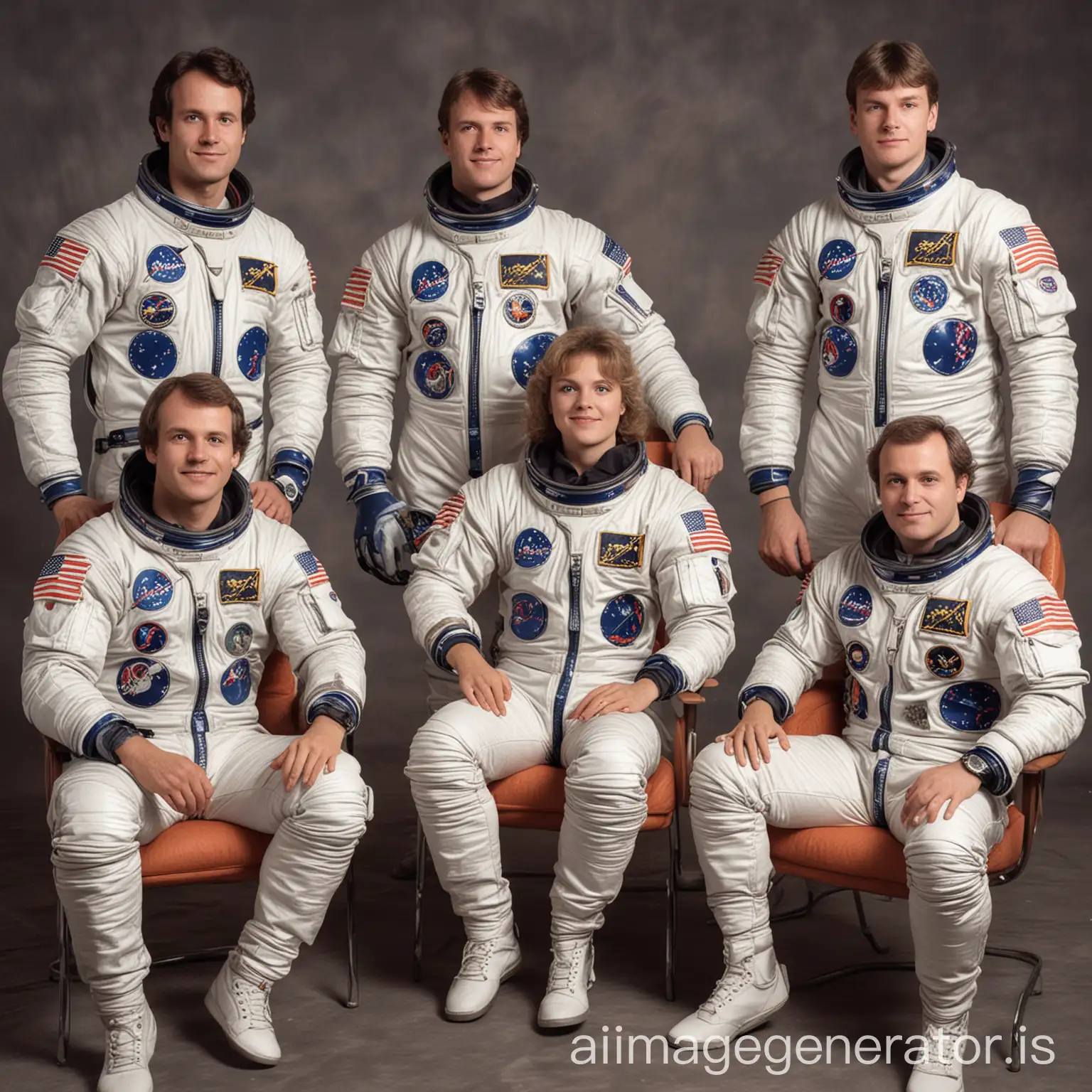 1980s-American-Astronauts-in-Vintage-Spacesuits-Taking-Group-Photo