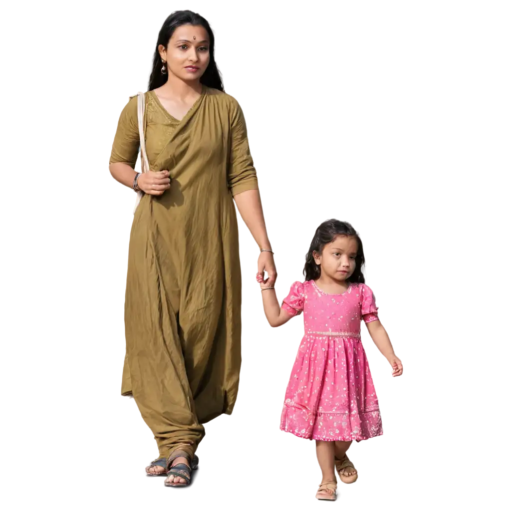 Bengali-Mother-and-Daughter-Walking-PNG-Image-Clear-Front-View