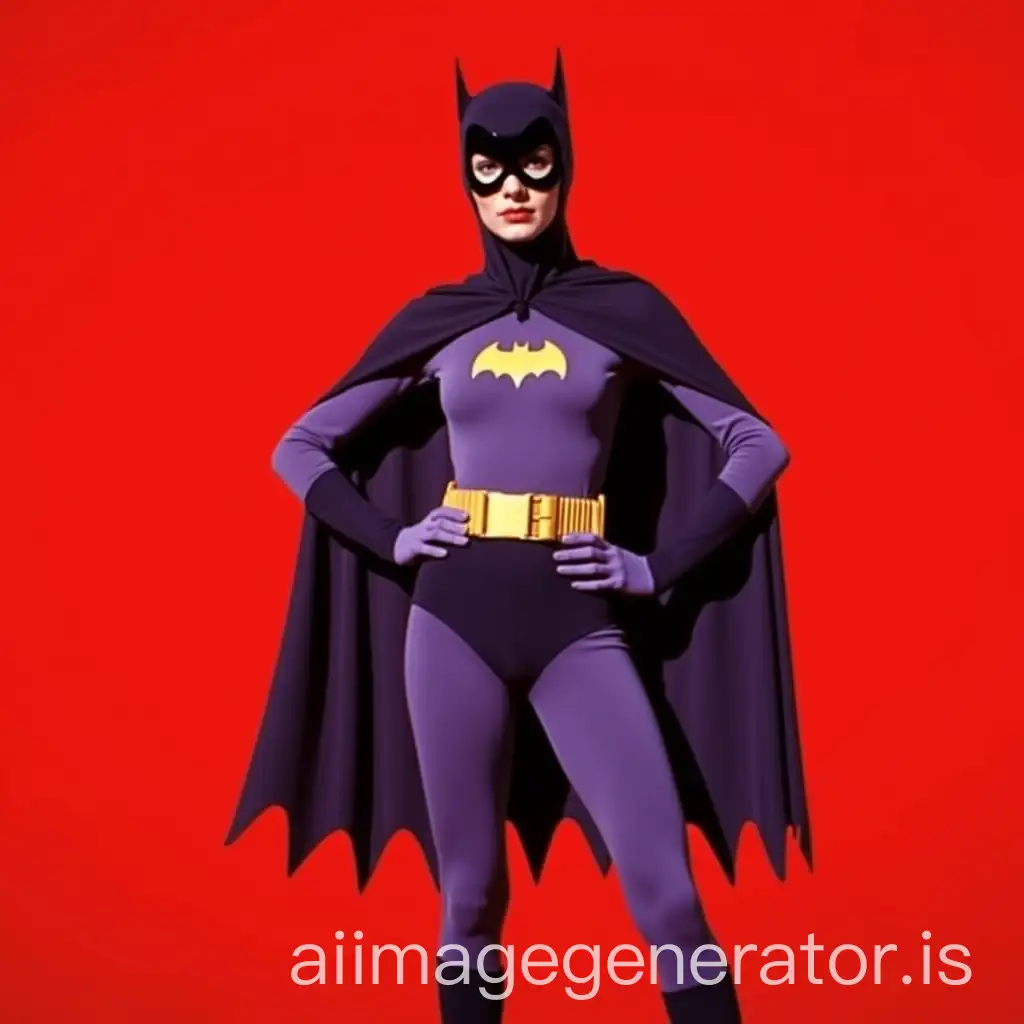 1966-Batgirl-in-Purple-Tights-and-Cowl-Standing-Confident-with-Hands-on-Hips-Against-Red-Background