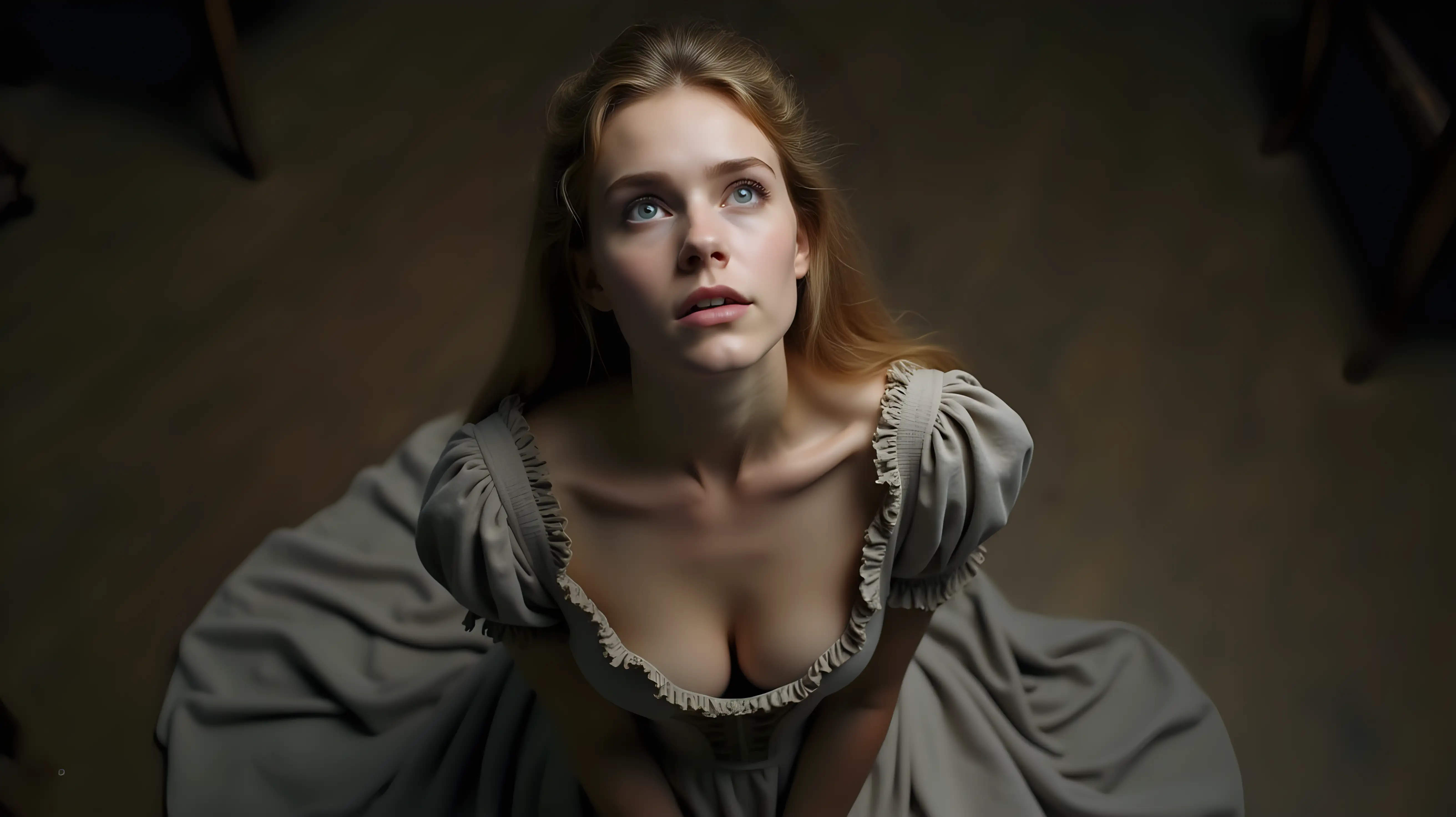 A young white woman, bird's eye view in cleavage, medieval dress, chest exposed, kneeling, looking up