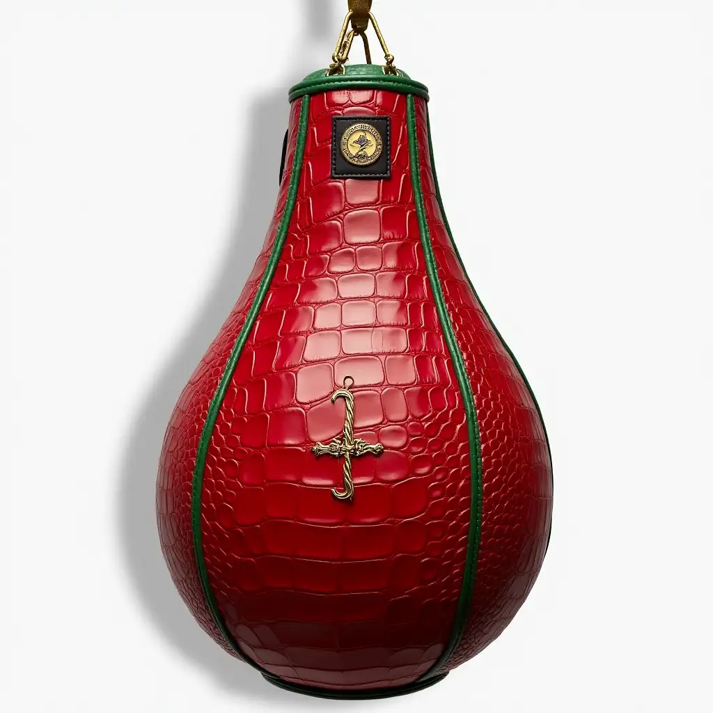 A detailed design of a pear-shaped boxing punching bag with a circumference of 60 cm and a height of 60 cm. The punching bag is covered in luxurious red crocodile leather with highly visible green contrast stitching, using waxed green thread. The bag should have intricate details to allow for a realistic prototype, including texture patterns mimicking the authentic scales of crocodile leather. The bag features a central gold 'Santa Pelea' logo label, elegantly stitched into the middle area of the bag. The bag is suspended from the ceiling by gold hooks, adding a touch of sophistication. The design should emphasize the premium quality of the materials and stitching, creating a visually striking and functional training equipment. The contrast green stitching adds a bold visual element, highlighting the craftsmanship. The design should be highly detailed, showcasing the texture of the leather, the precision of the stitching, and the luxury of the gold hardware to create a top-tier, professional punching bag.