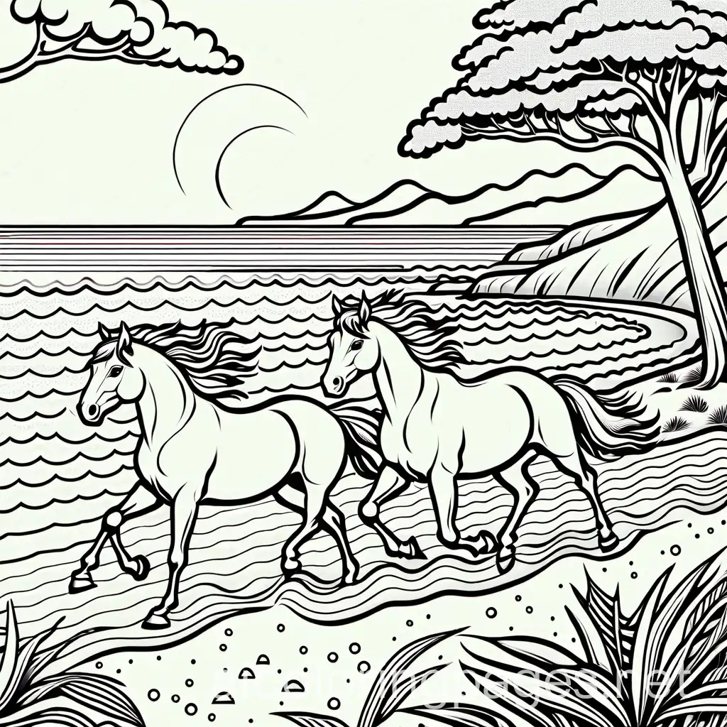 Horses-Running-on-Beach-at-Sunset-Coloring-Page