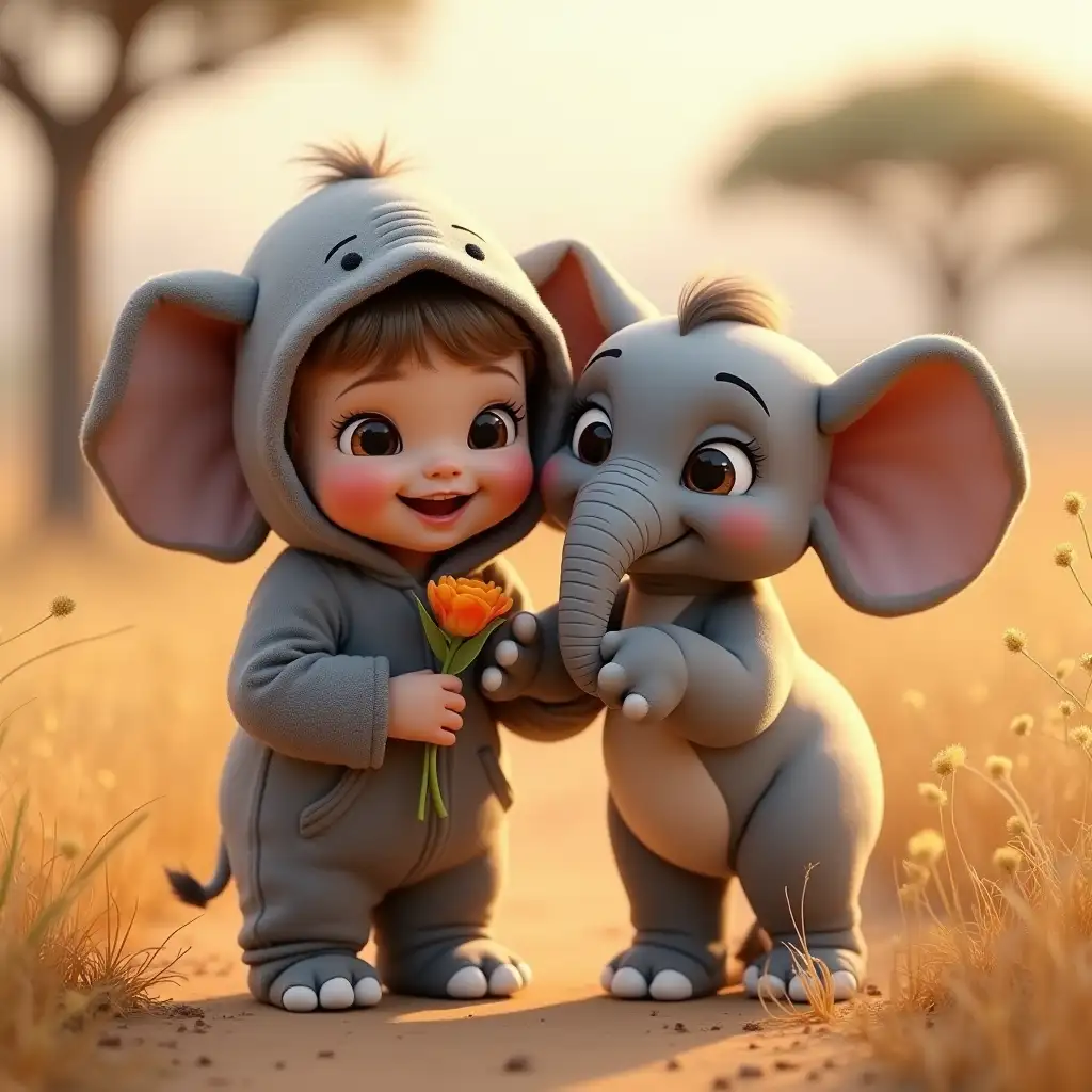 A cheerful toddler dressed as a elephant in a gray costume with floppy ears, standing next to a friendly fat and big cartoon elephant calf holding a flower with its trunk, both radiating warmth and companionship], [Digital art, photorealistic rendering with cartoonish elements], [Disney-inspired expressiveness combined with Pixar’s realistic details], [Soft, warm lighting; earthy tones of gray and beige; shallow depth of field focusing on the toddler and cartoon calf; textured wrinkles on the costume and calf; a blurred savanna backdrop with acacia trees and golden grasses; high resolution rendering