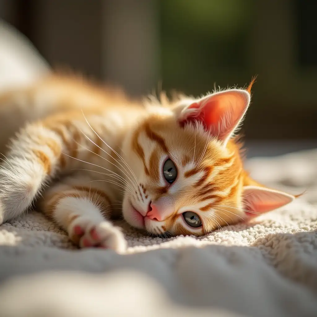 Playful-Sunbathing-Kitten-Relaxing-in-a-Cozy-Spot