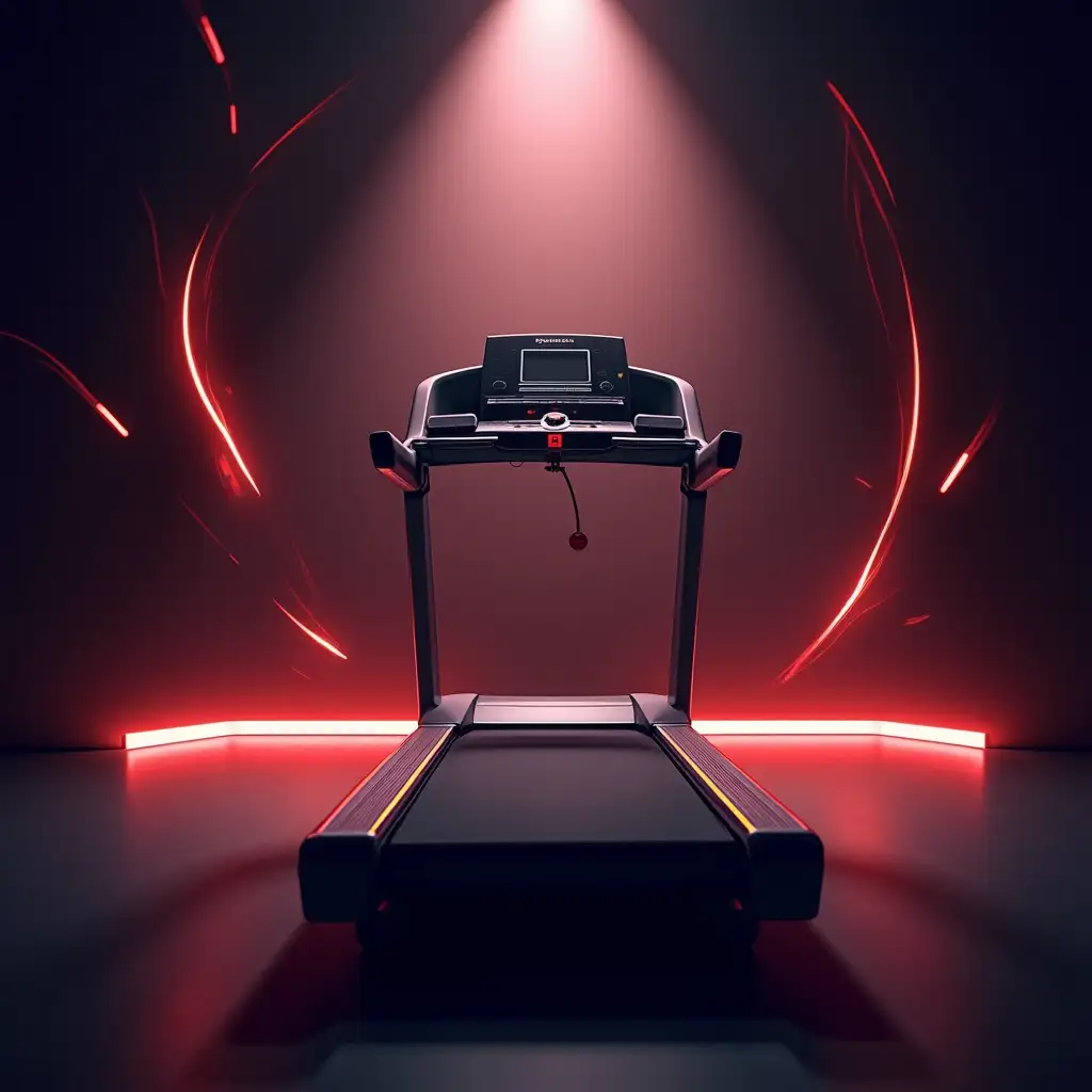 A high-contrast poster design advertising a treadmill sale, with dynamic lighting highlighting the empty treadmill space. The backdrop features abstract swirling shapes and glowing lines, emphasizing movement and fitness. The shadows play a crucial role in adding depth to the composition.