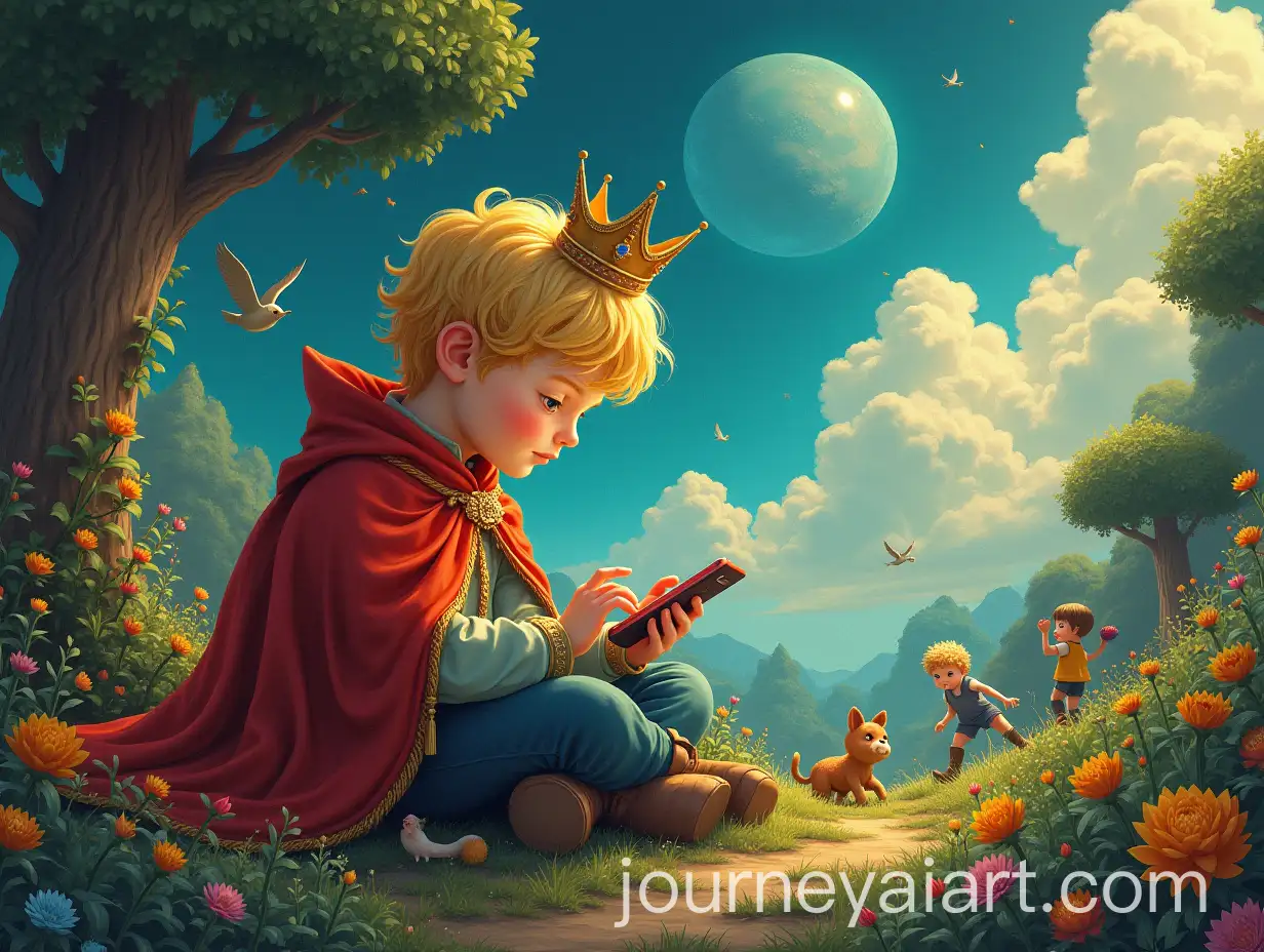 Surreal-Little-Prince-on-Planet-Engrossed-in-Phone-with-Nature-and-Children-Playing