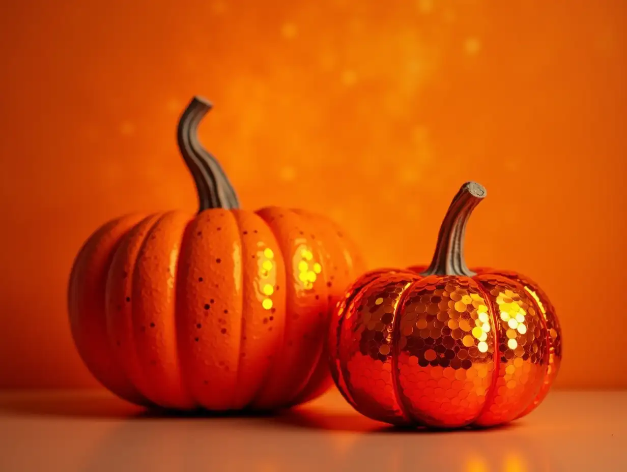 Two orange disco ball pumpkins against a warm, abstract textured background. Concepts of festive decor, Halloween celebration, and creative autumn decorations.