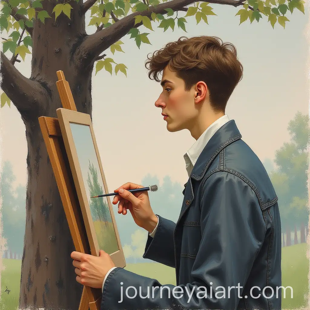 Young-Man-Painting-on-a-Tree-Trunk-in-Expressionist-Style-with-Pastel-Colors