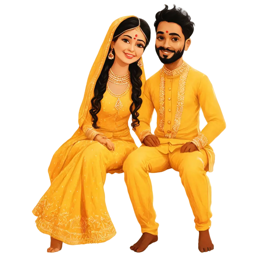 Indian-Caricature-PNG-for-Haldi-Bride-and-Groom-Vibrant-Celebrations-Captured