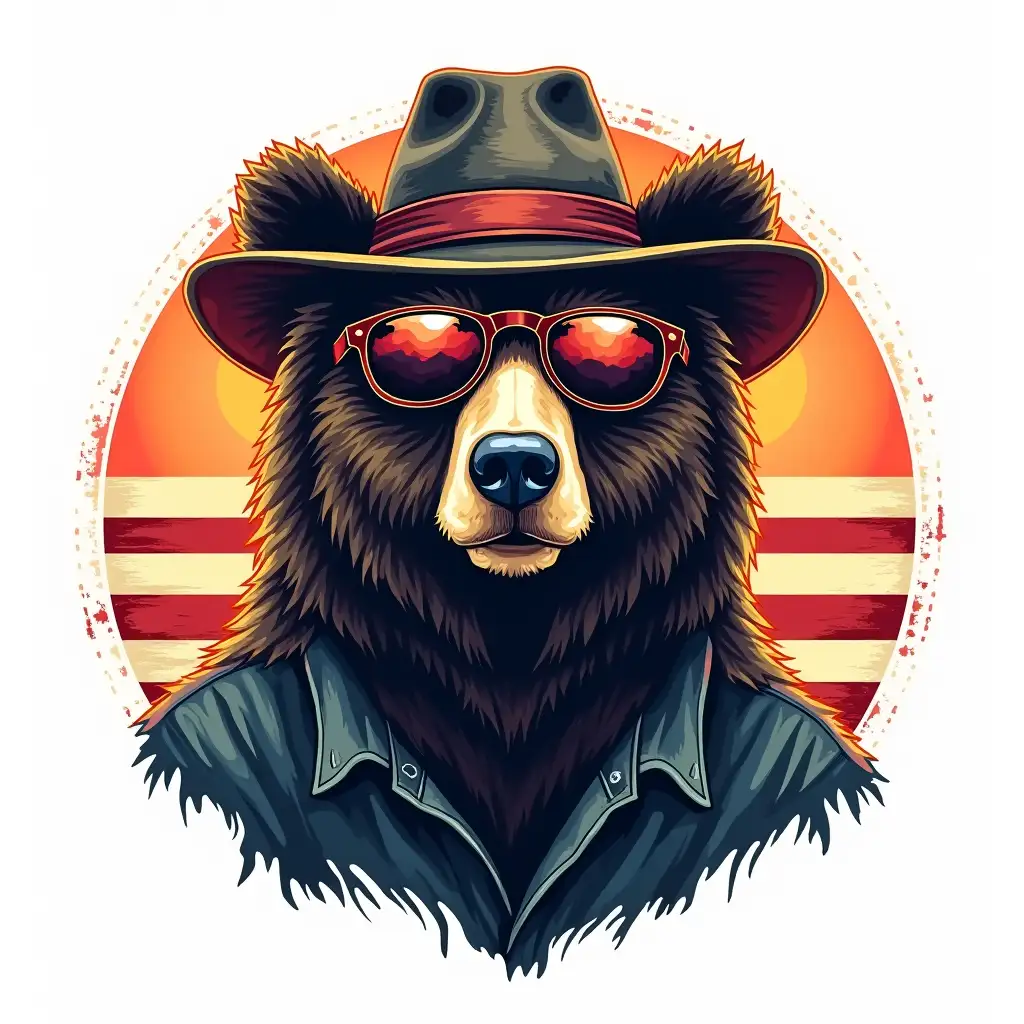 Cool Bear with cowboy-style glasses vintage sunset in the form of the flag of America in the style pop art realistic photos white background for print on T-shirt