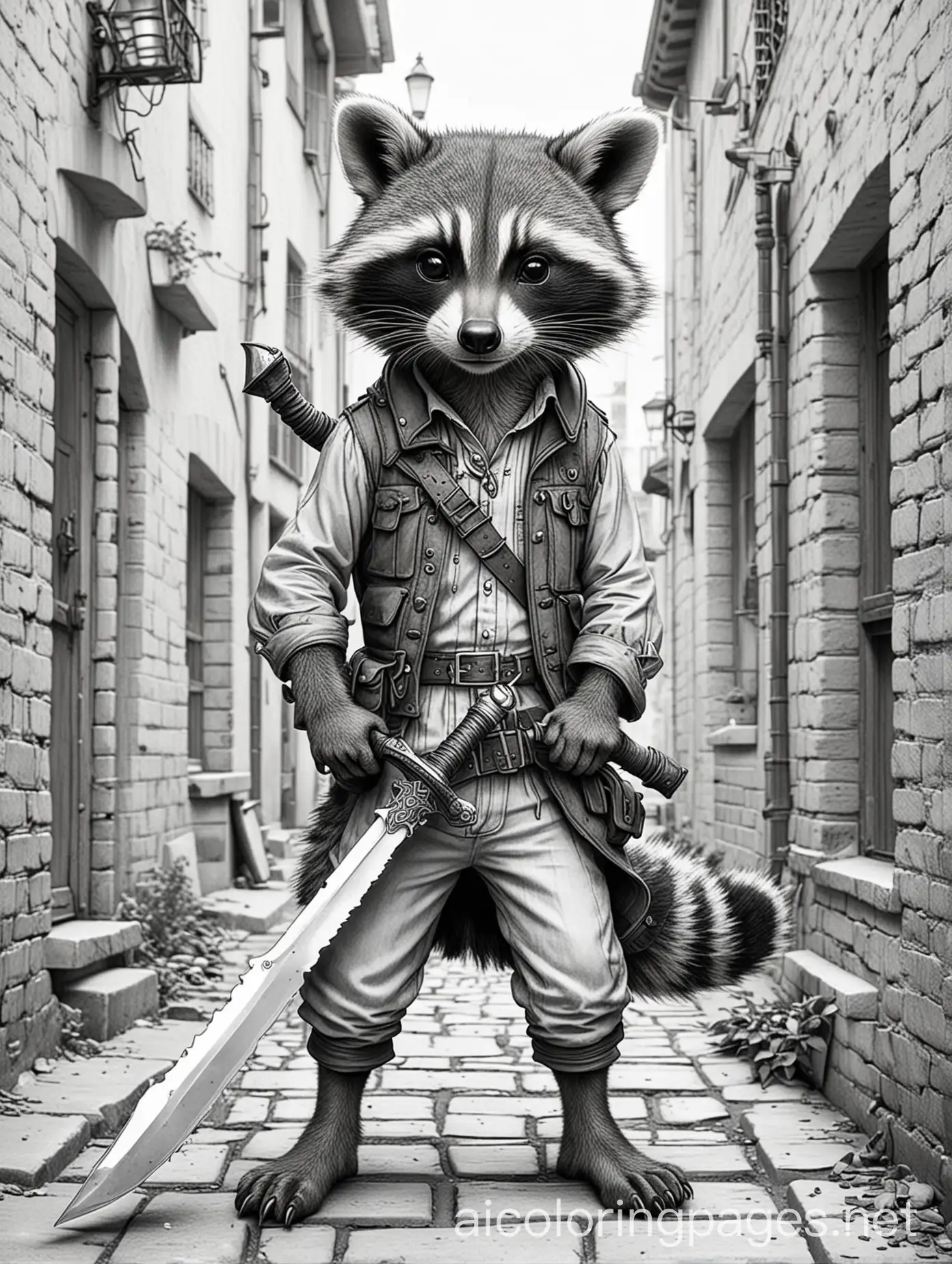 Fantasy-Raccoon-Sneaking-with-Dagger-in-City-Alley