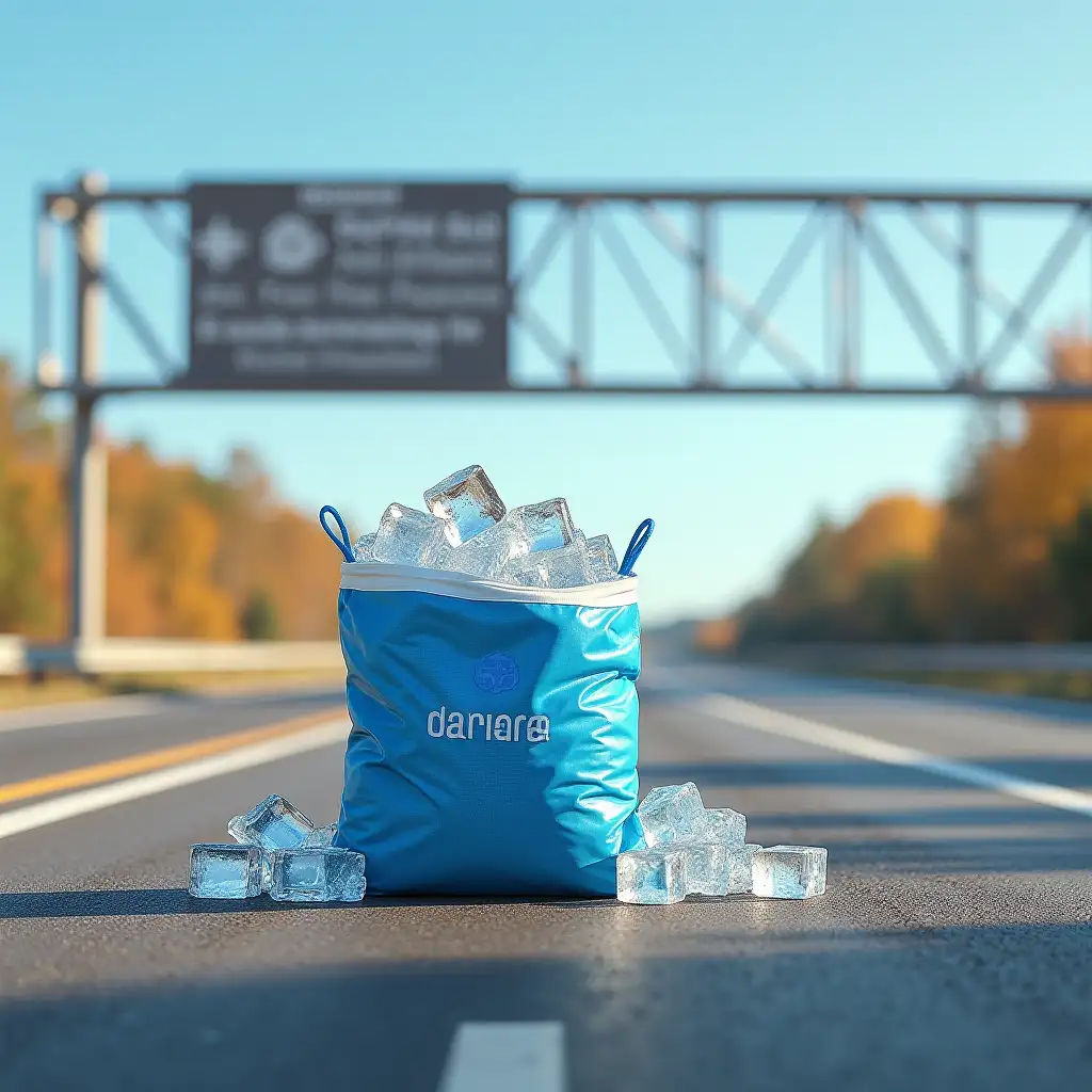 Ice-Bag-on-Hot-Highway-with-Papato-Brand-in-Blue-Packaging