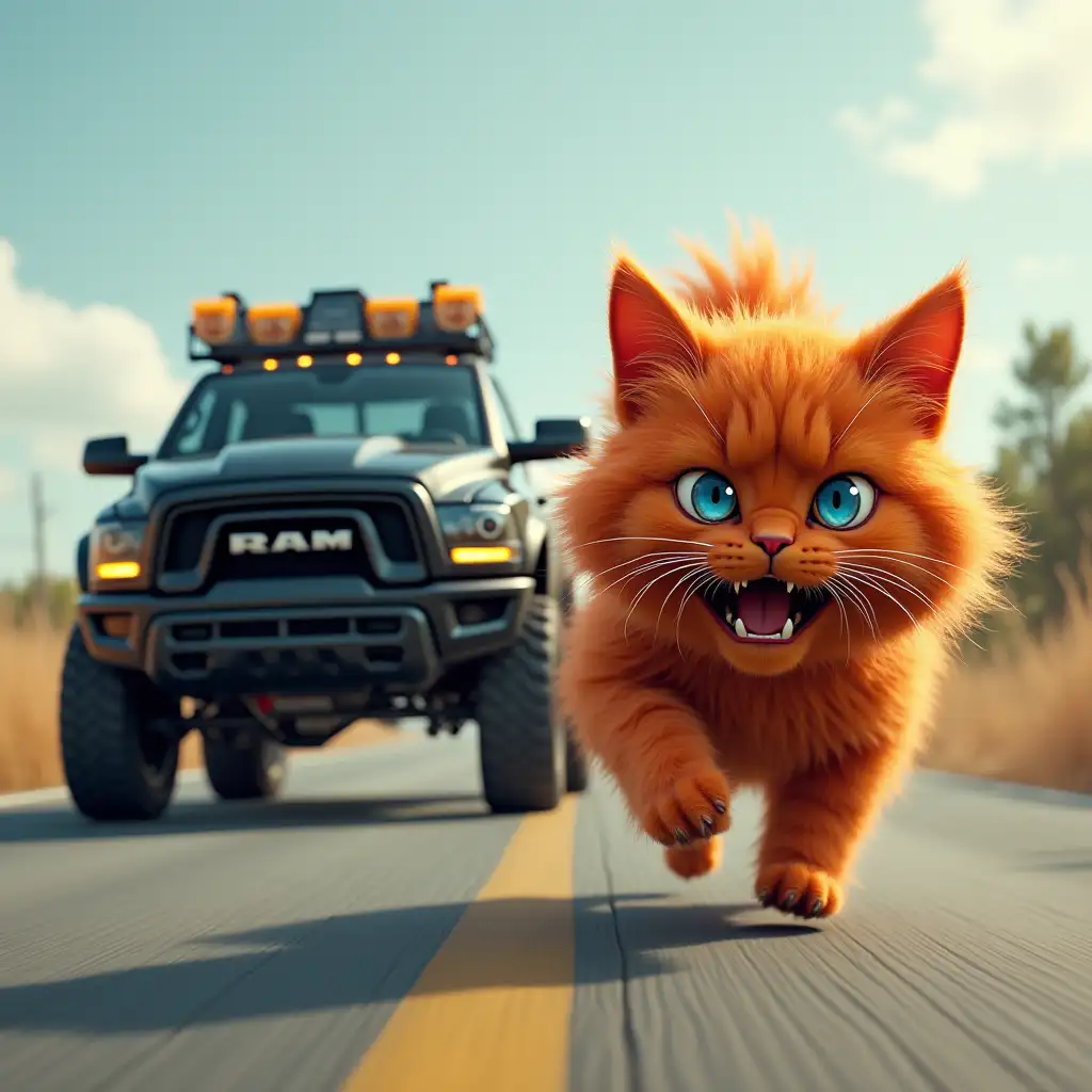 A big black RAM TRX car is chasing a fluffy red cat with messy hair, who runs away in fear along the road, one eye blue, the other yellow