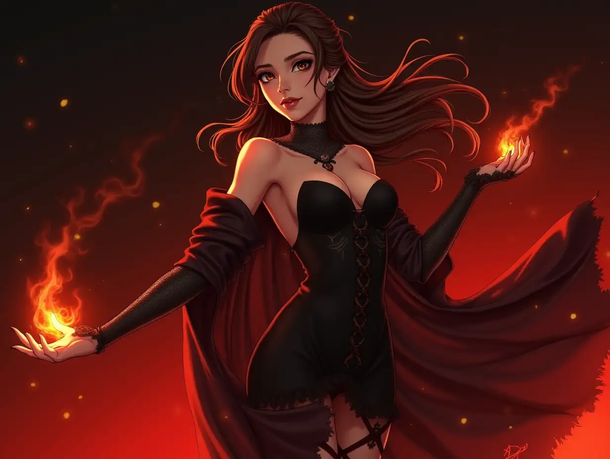 Tall, brown haired brown eyed anime character, vampire hunter d bloodlust art style, holding flames in her hand