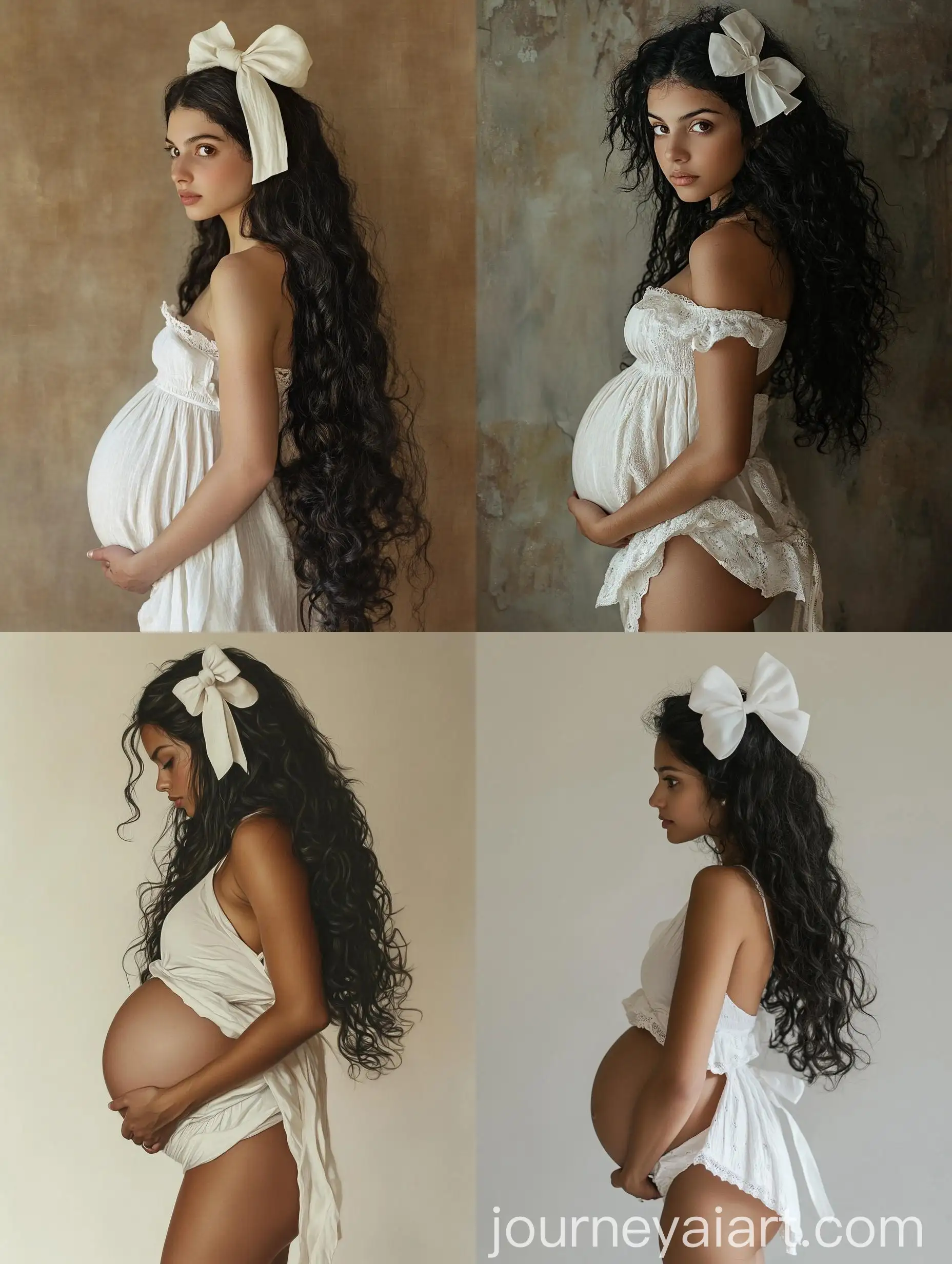 Pregnant-Woman-in-White-Dress-with-Black-Curly-Hair-and-Bow