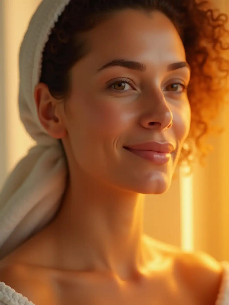 soft, glowing portrait of a menopausal woman, centered composition, spa-like ambiance, warm lighting, diffused focus, skin texture visible, natural makeup, relaxed expression, medium close-up, 50mm lens, digital art, photorealistic