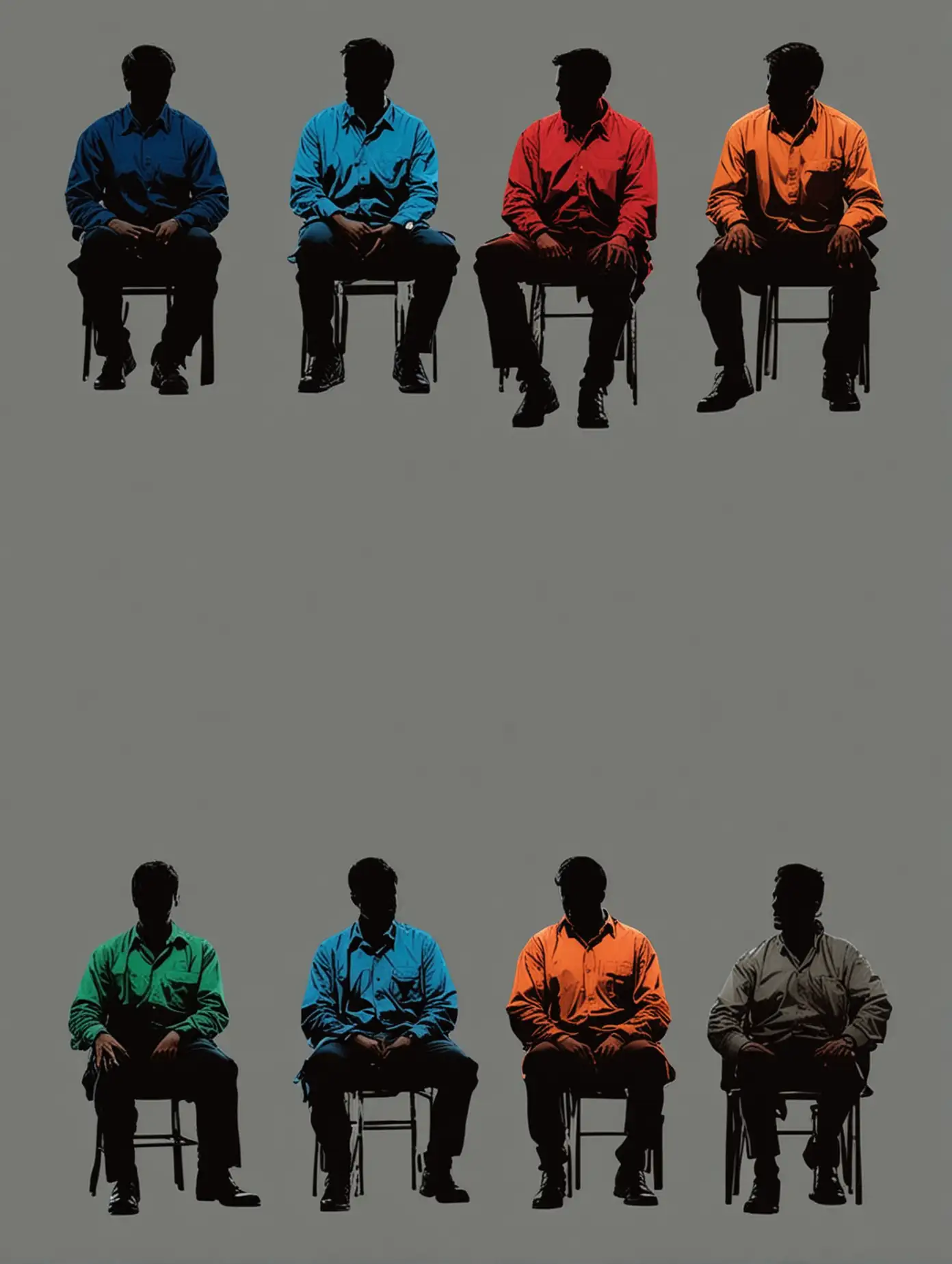 Six Men Silhouettes Sitting in Vibrant Colors