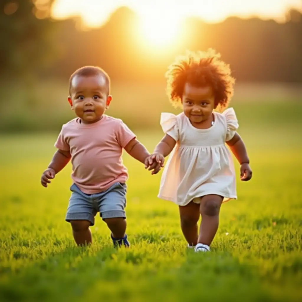 Toddler-Twins-Taking-First-Steps-on-Green-Lush-Grass-at-Sunrise
