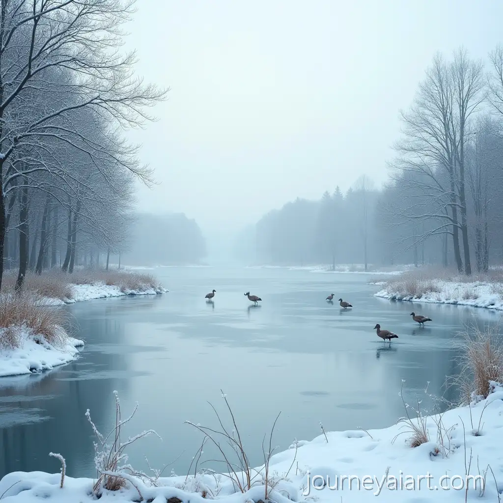 Winter-Lake-with-Birds-and-Deer-on-Frozen-Surface