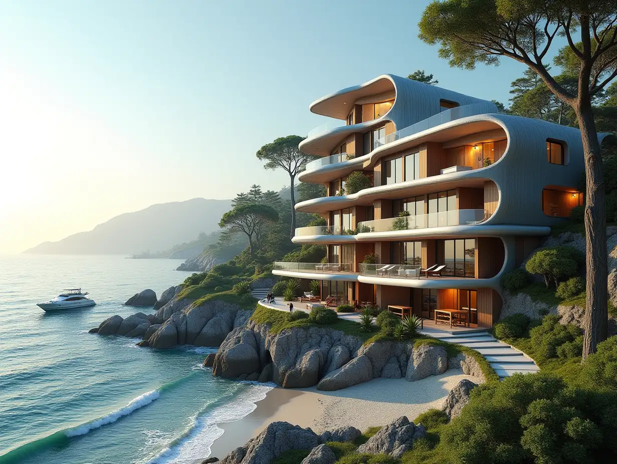 Create a high-resolution, realistic panorama image of a futuristic terrace building with snail house windows with bridge, a yacht and a small beach with people, many plants and grey and brown facades with sea with waves, big trees, 5am in the morning