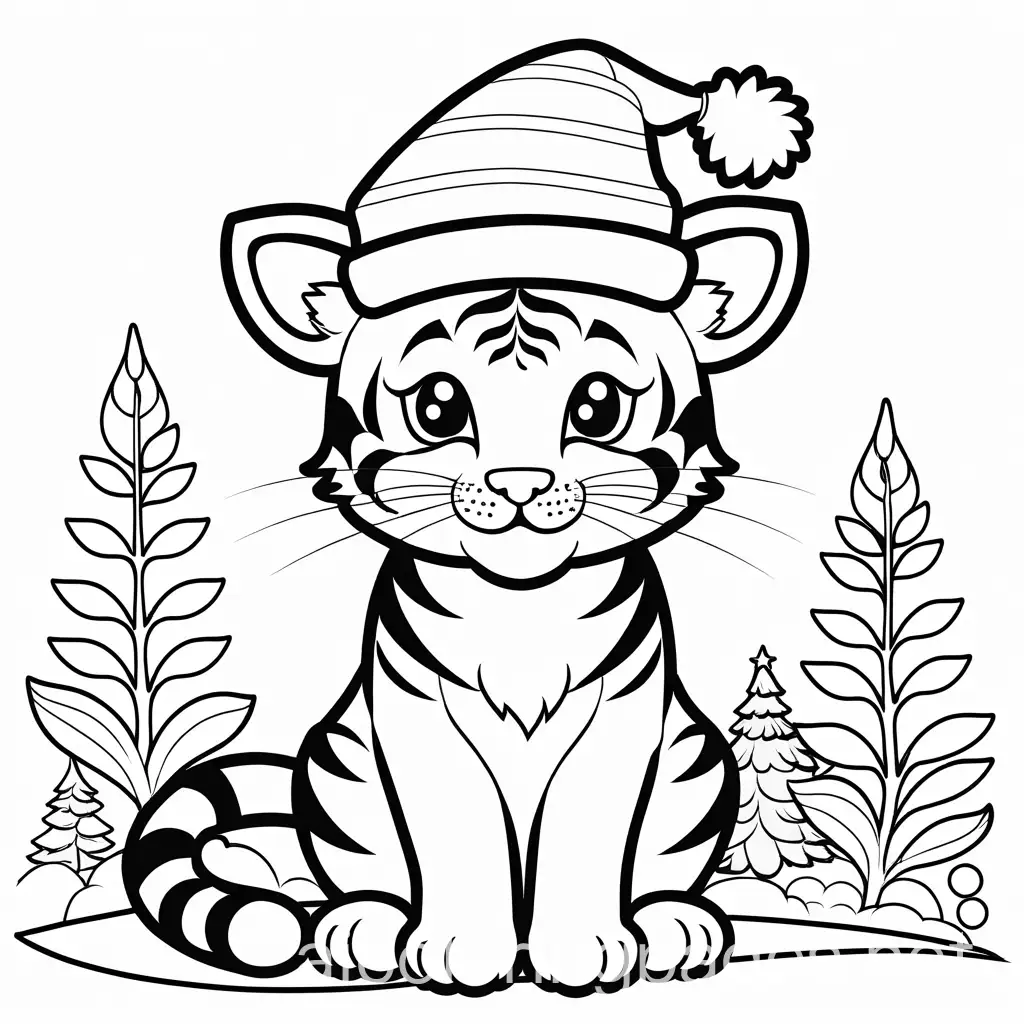 Cute-Tiger-Wearing-a-Christmas-Hat-Coloring-Page-for-Kids