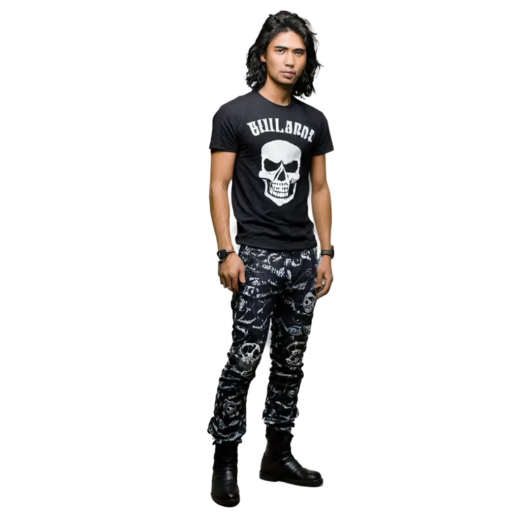 Image of an Indonesian man with a mullet wearing a black shirt image of skull army pants with boots