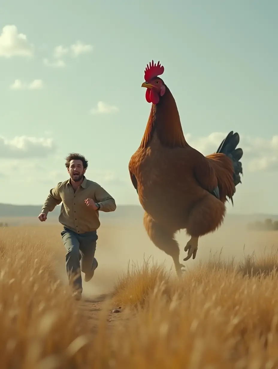 In a large field, an adult man runs frantically, his tears flowing, chased by a giant male chicken that looks very intimidating.