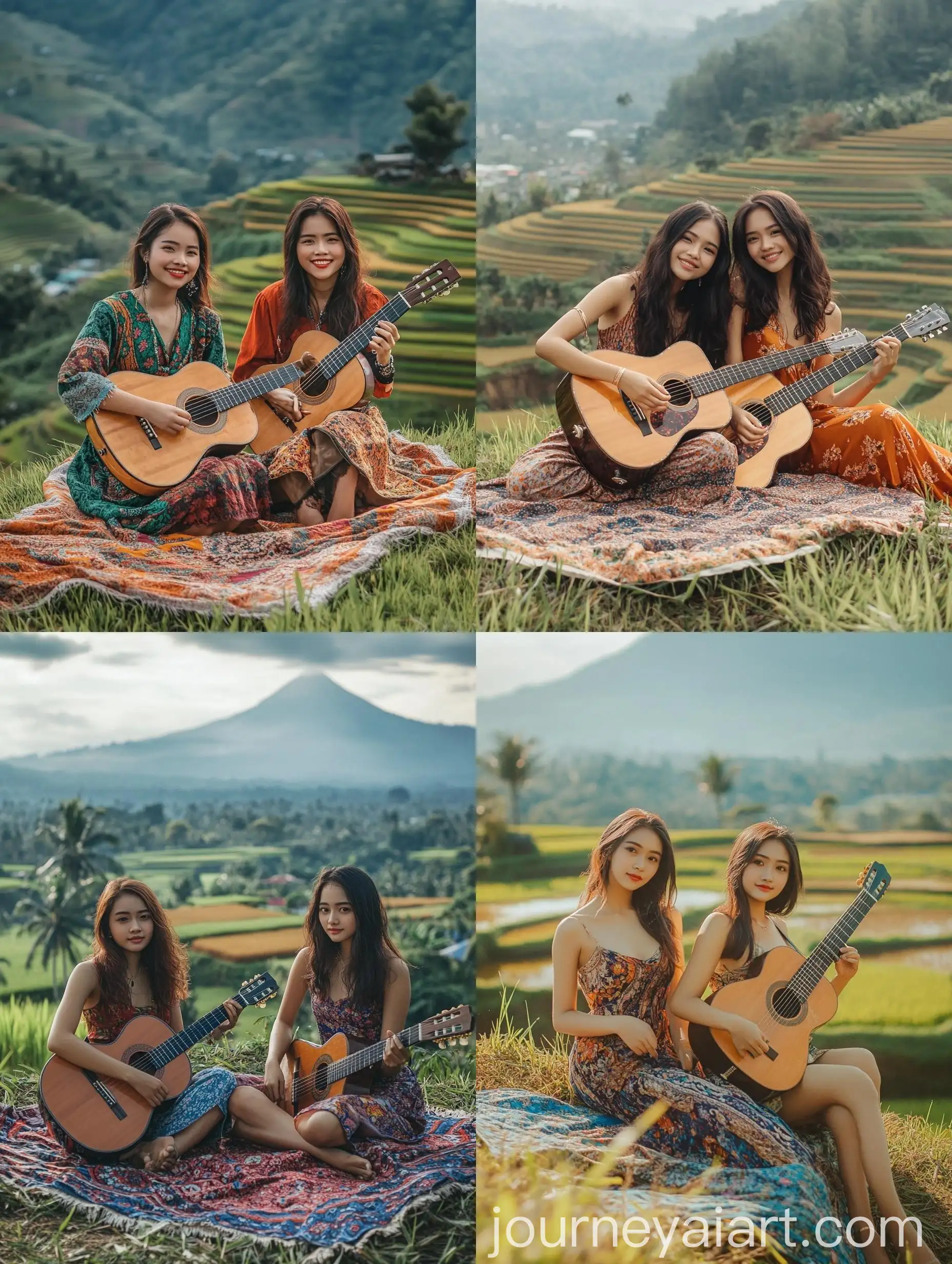 Two-Indonesian-Girls-Smiling-with-Guitar-in-Rice-Fields-and-Mount-Semeru-Background
