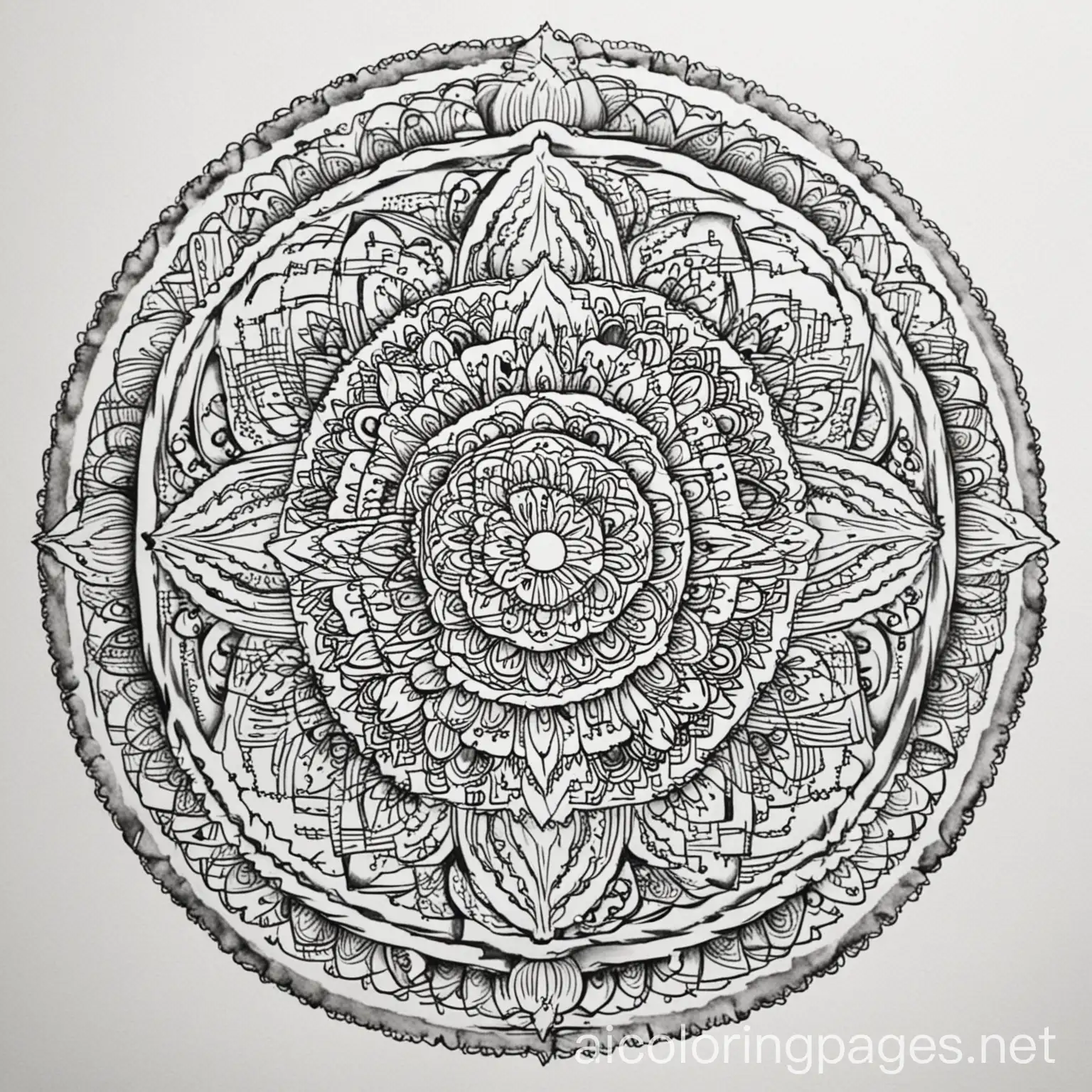 Mandala, Coloring Page, black and white, line art, white background, Simplicity, Ample White Space. The background of the coloring page is plain white to make it easy for young children to color within the lines. The outlines of all the subjects are easy to distinguish, making it simple for kids to color without too much difficulty