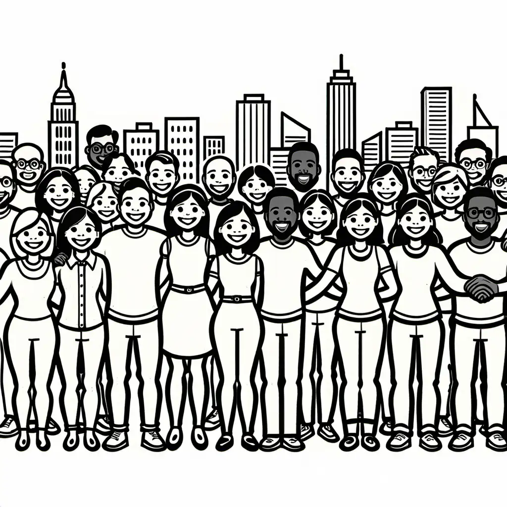 Diverse-Group-Holding-Hands-in-Cityscape-Coloring-Page