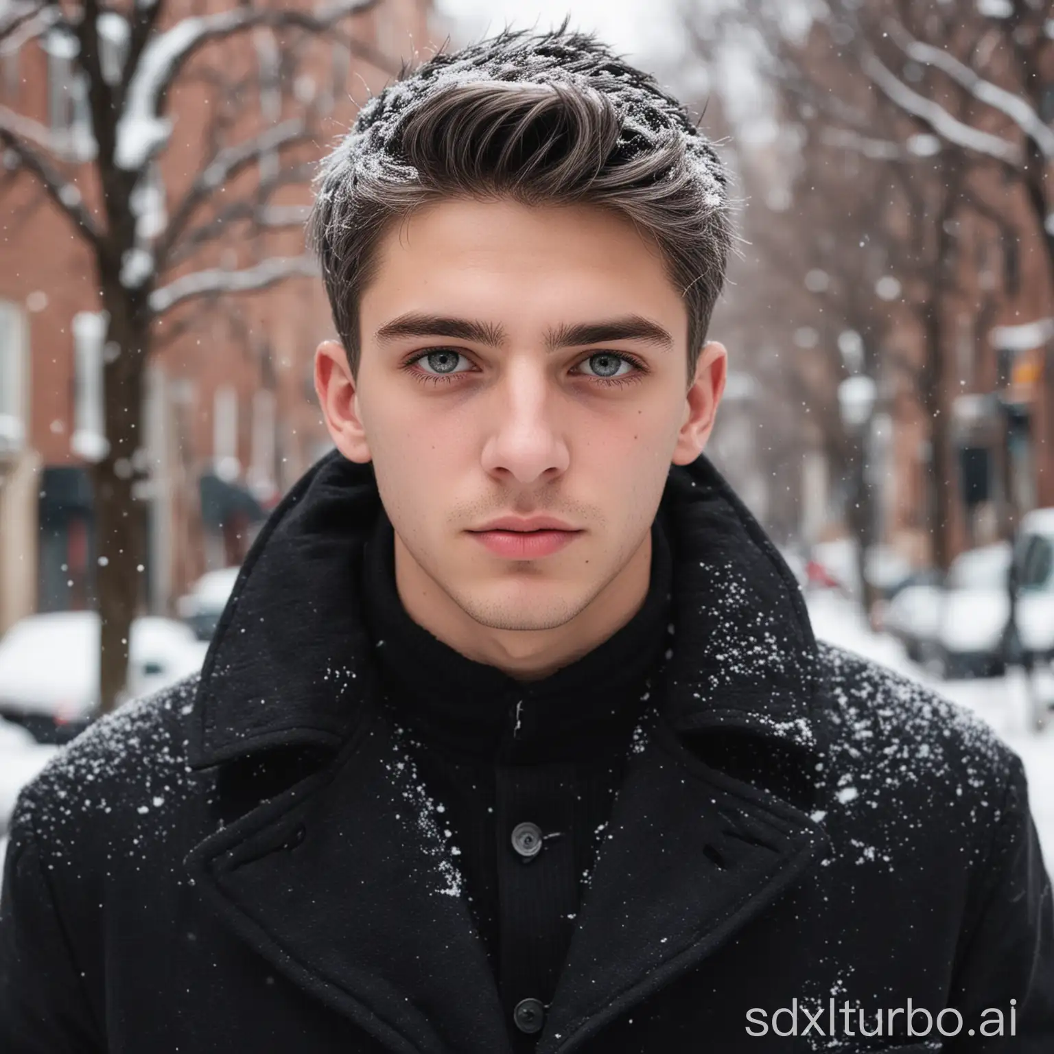 A 20 year old man with gray eyes, short gray hair in a black coat during winter on Peter's street, snow