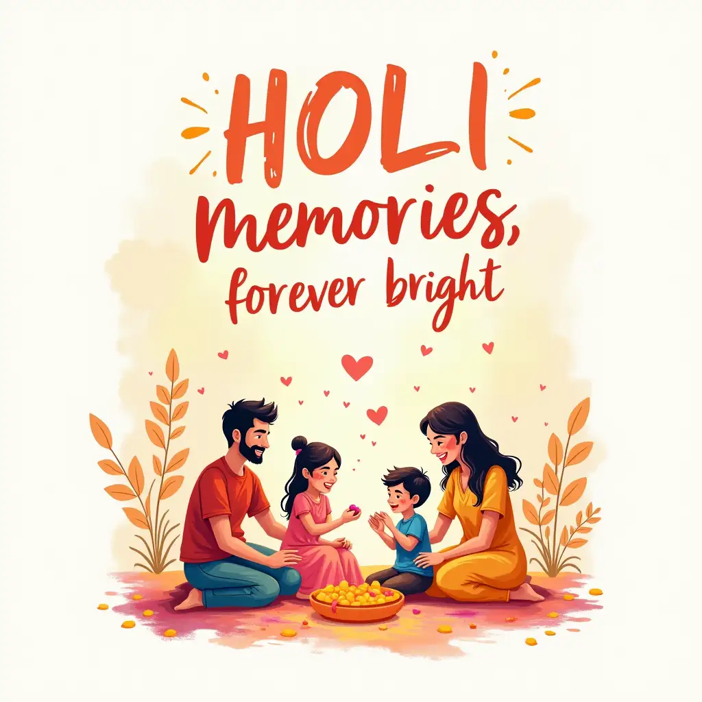 Create a family-themed T-shirt design with the phrase 'Holi Memories, Forever Bright.' Use a heartwarming illustration of a family playing Holi, with bright colors and a soft, pastel background. The text should be in a warm, handwritten font.