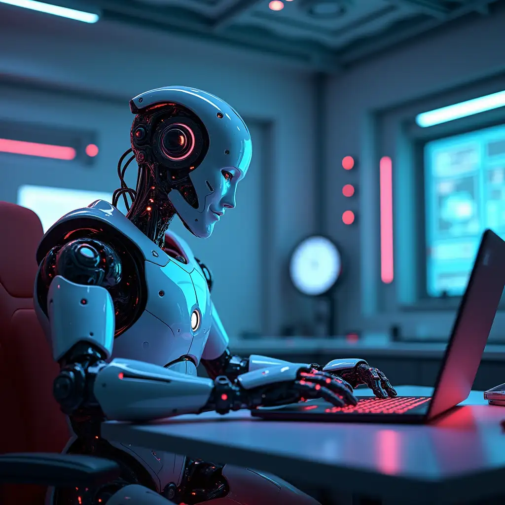 Robot working on laptop in futuristic office, hyper realistic, ultra realistic, cyberpunk, highly detailed, neon lights, wallpaper, very detailed, beautiful, distant, keep image zoomed out, the subject must be 30 feet away from the camera