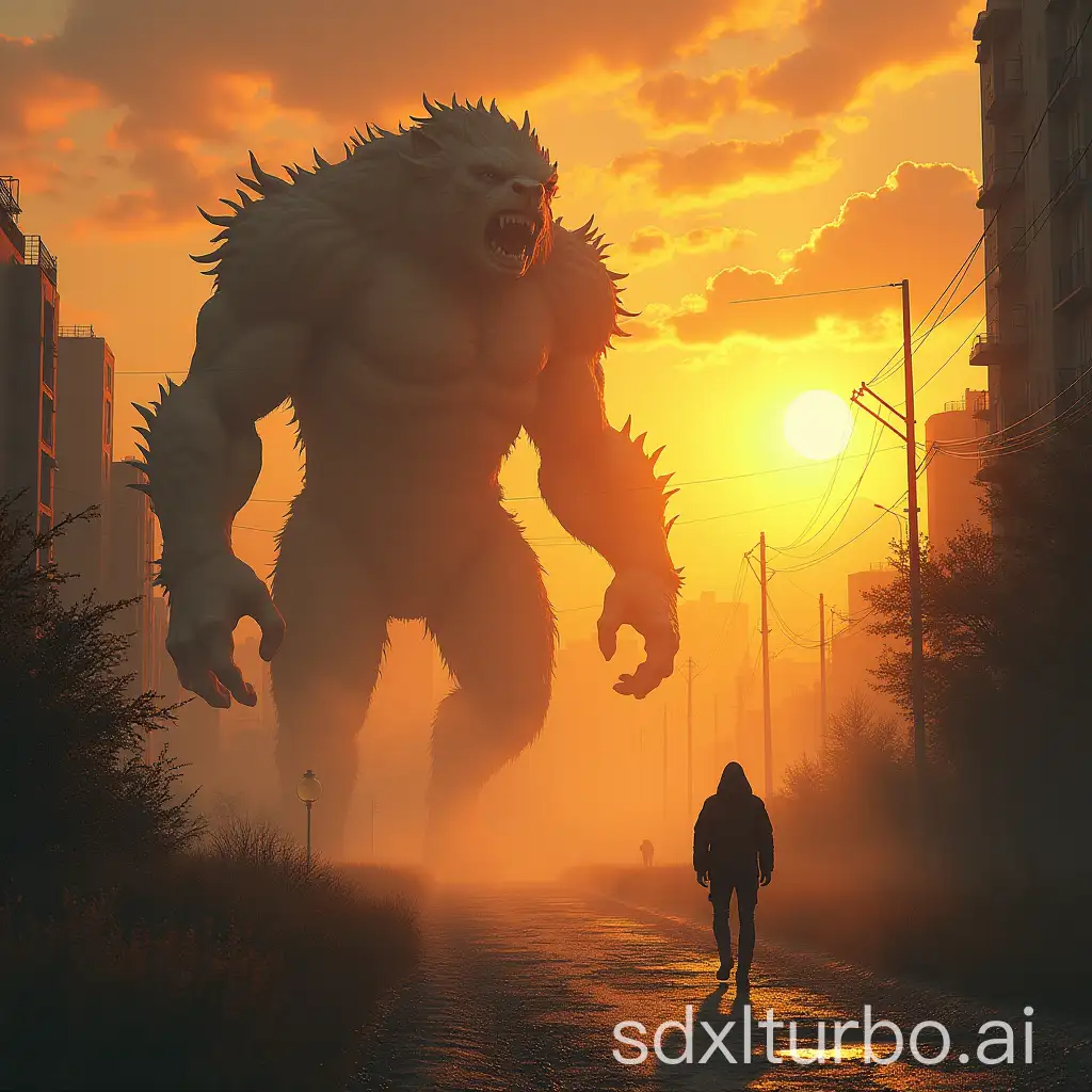 Urban wasteland afternoon sun giant beast and person peaceful