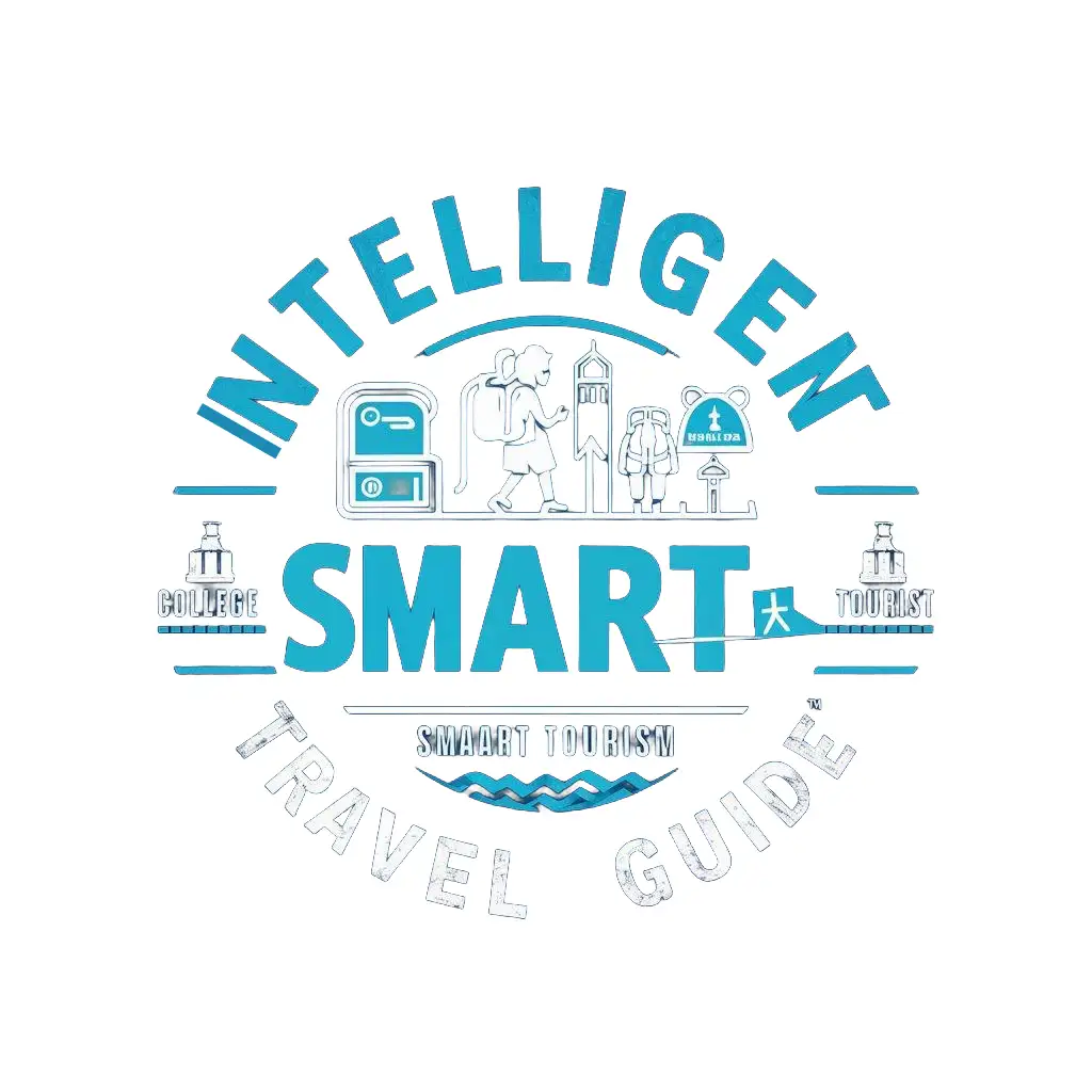 a vector logo design,with the text "intelligent travel guide", main symbol:Circular logo, blue as the main tone, highlighting the theme of 'smart tourism'. It should have a college student with a backpack, travel tools, and tourist attractions.,Moderate,be used in Travel industry,clear background