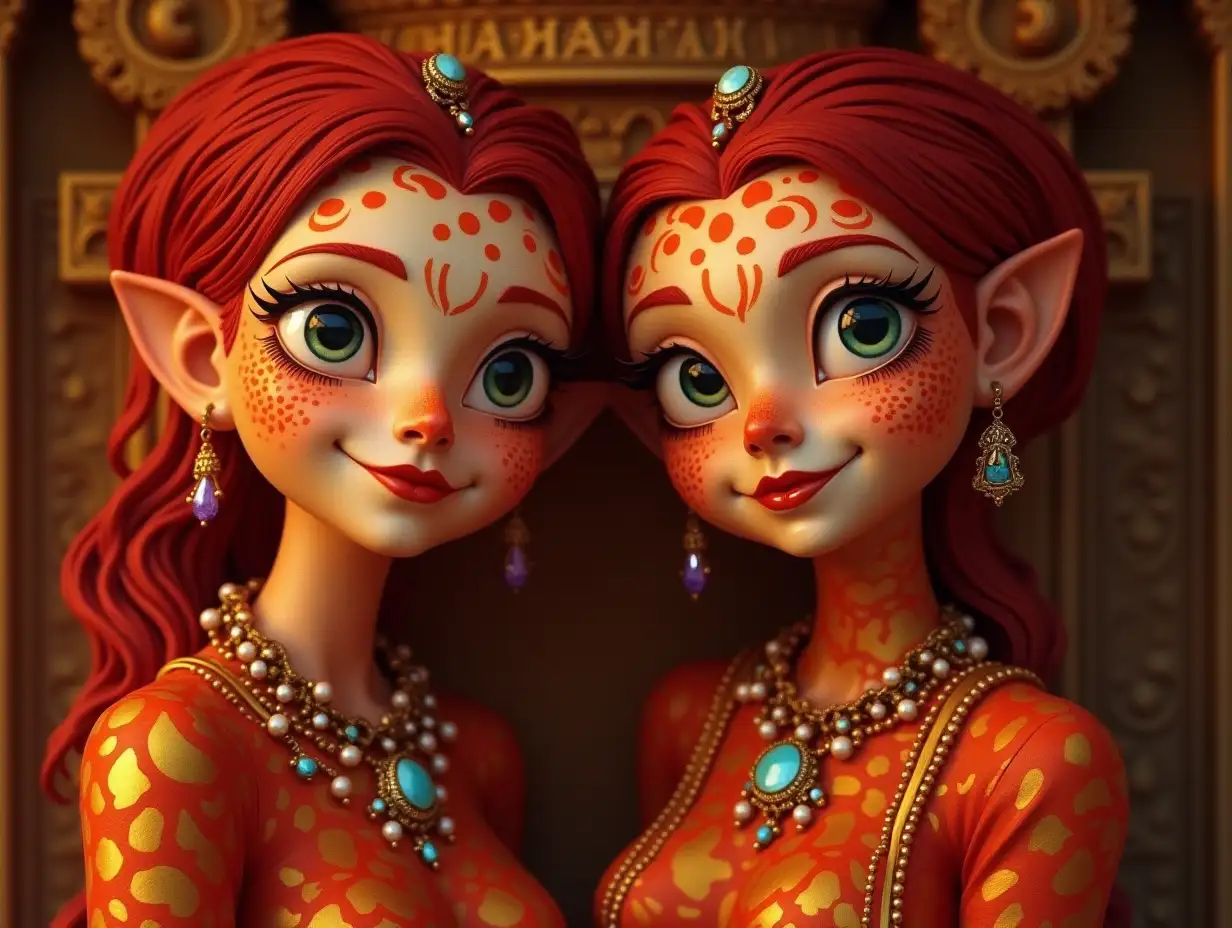 Two young red-gold patterned older Fish with Alien face, with red hair, with a slight smile on their faces, underline their smile, modern retro jewelry, in a temple with many diamonds of various shades 4k