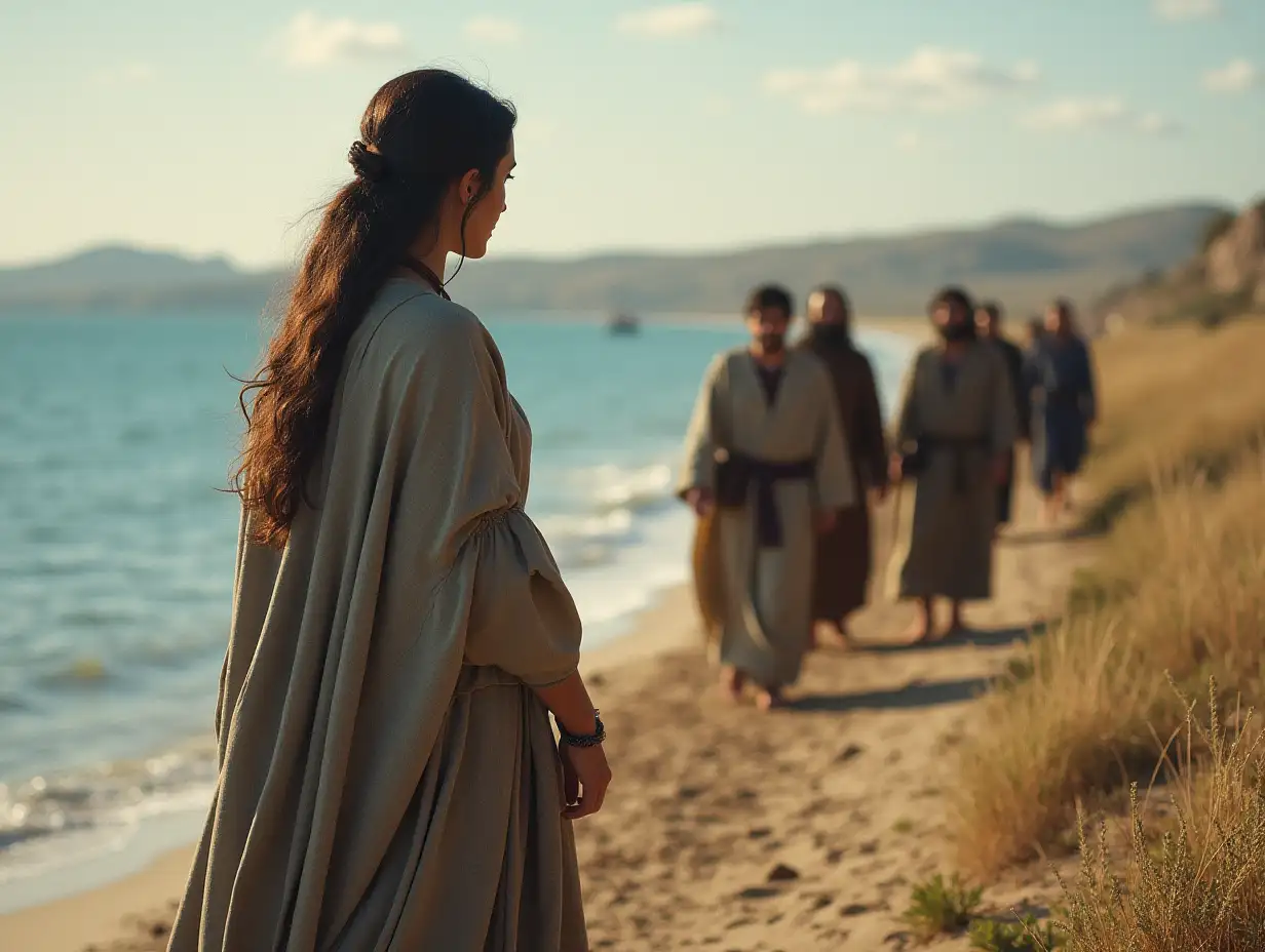 Mary Magdalene, distinct in both posture and bearing, standing near the shoreline of Galilee or at the edge of a traveling group of disciples—an independent figure marked by thoughtful grace.