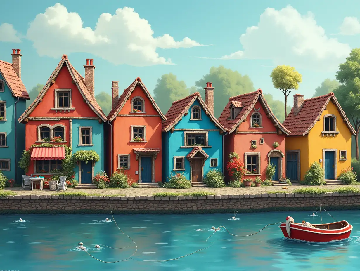 Dreamlike houses next to a river with fishing nets and a small boat.