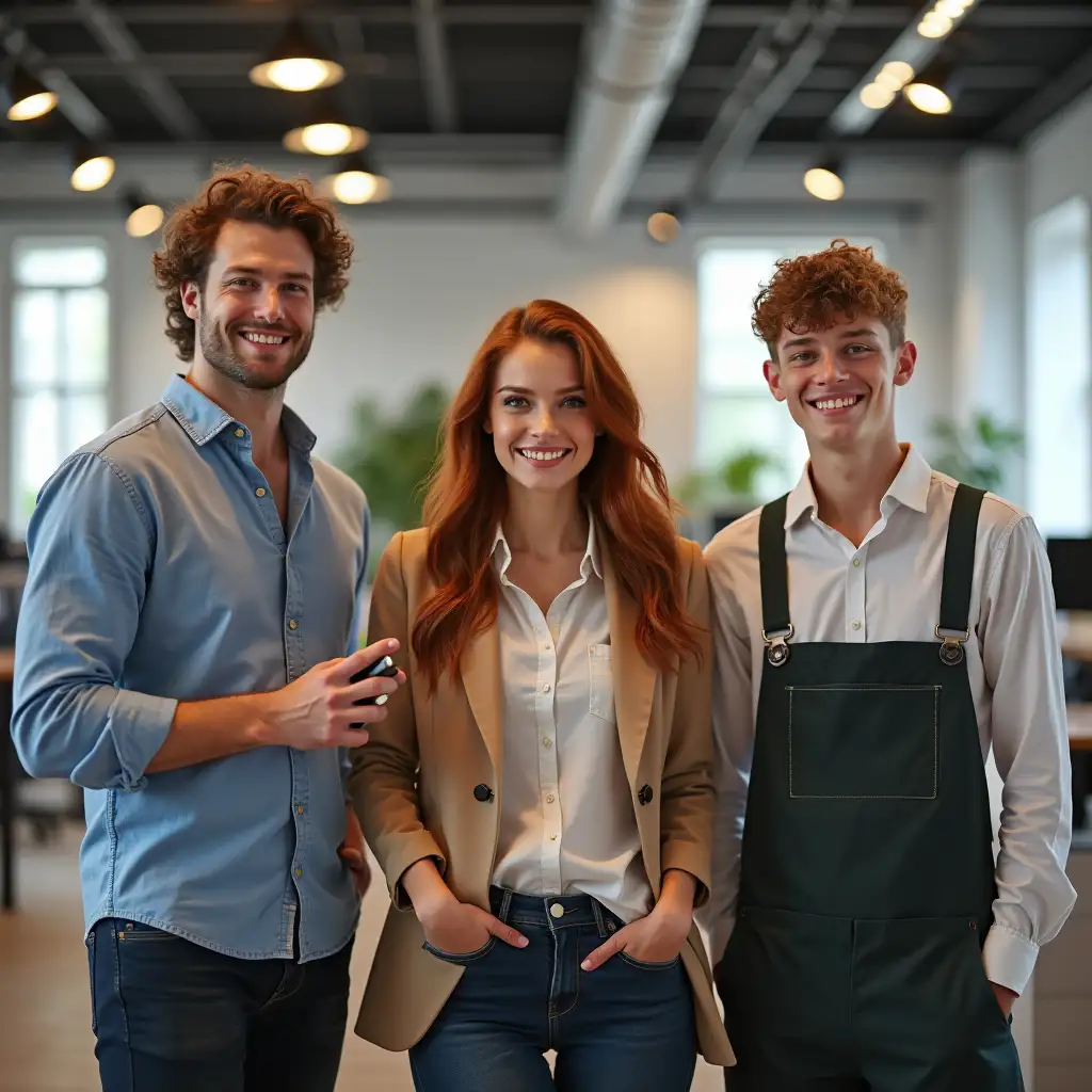 create three young people, a 20-year-old brunette man, a 25-year-old redhead woman and another young boy indicating a working assistant in, a lively office environment