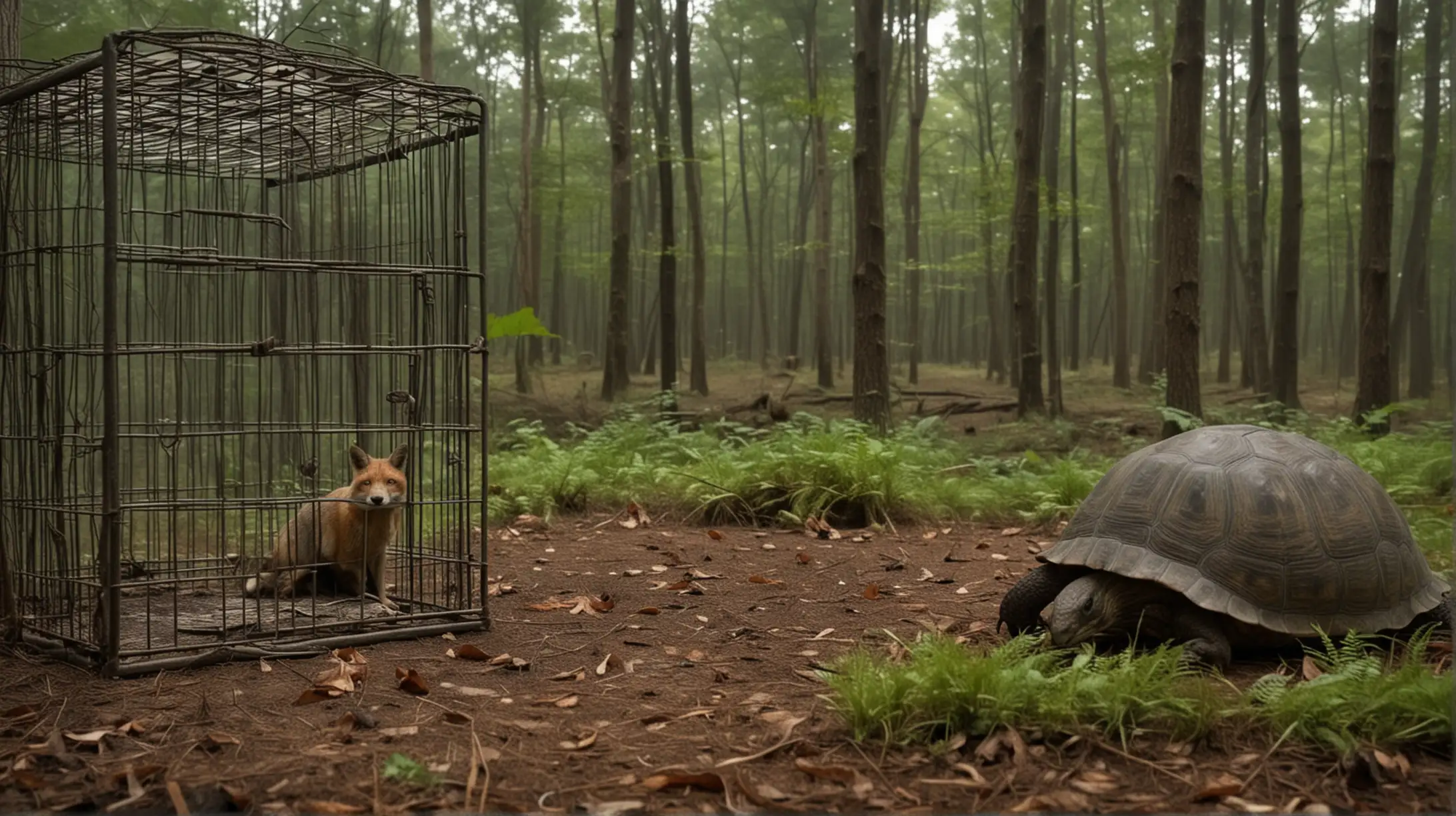 Turtle Journeying Through the Forest with a Captive Fox