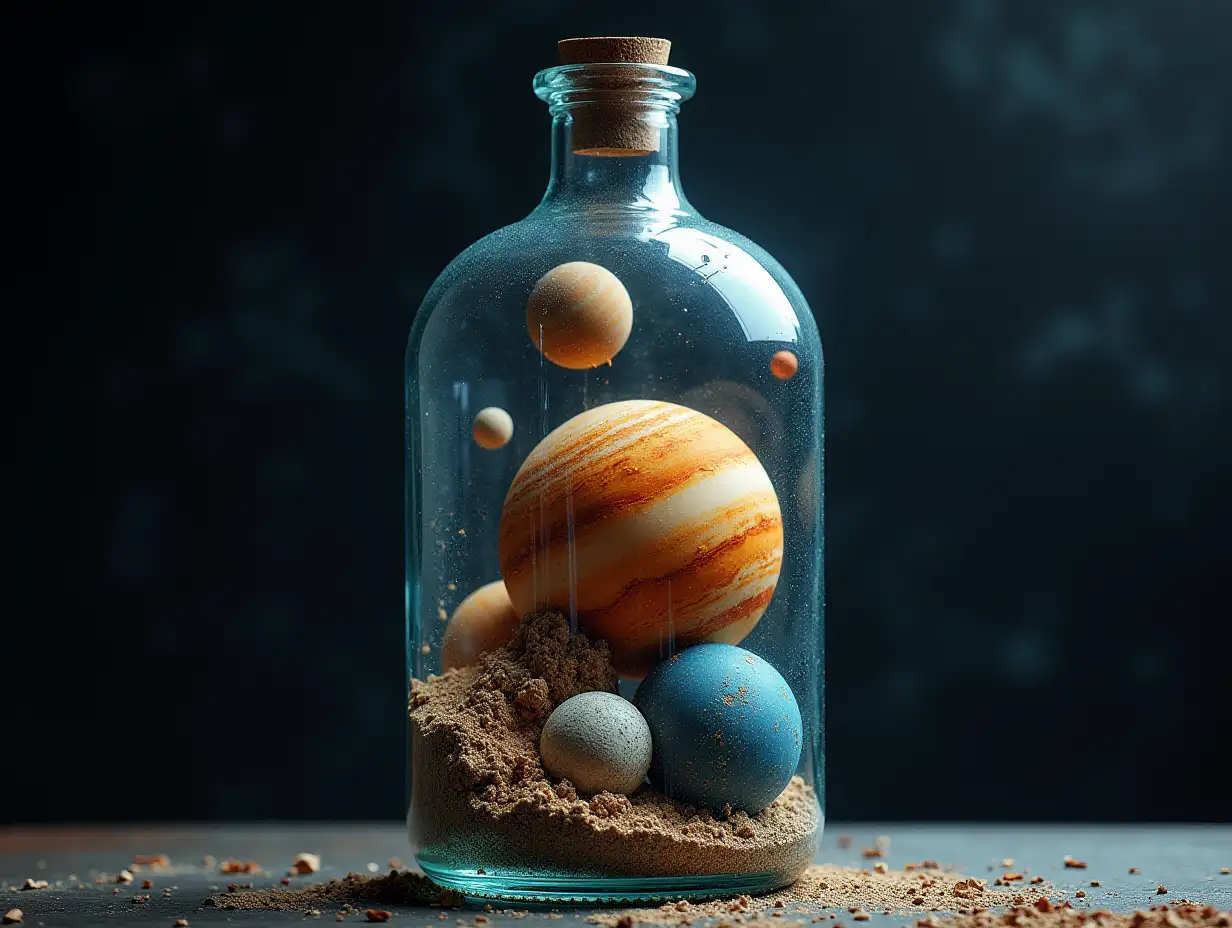 planets crash in stained bottle